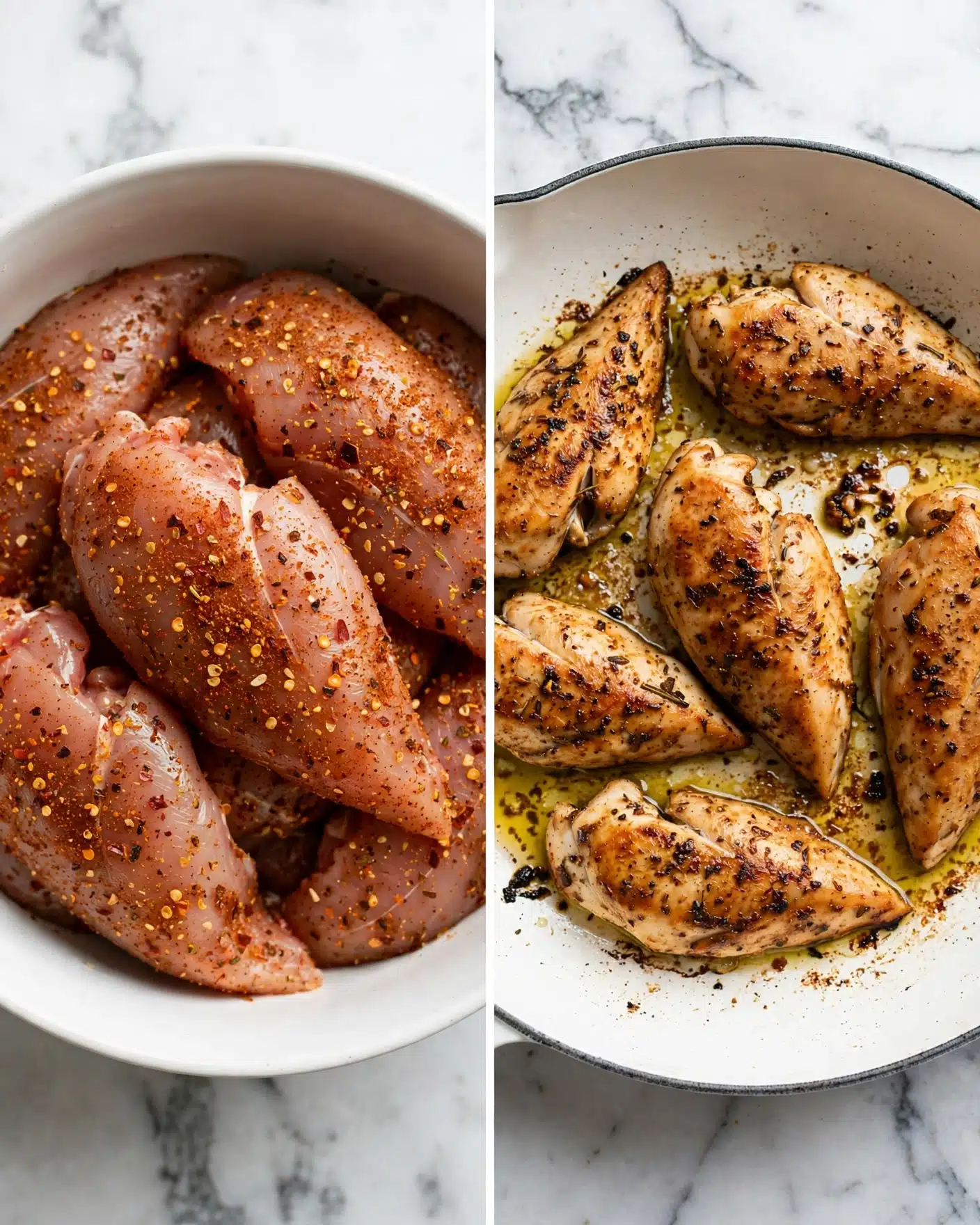Honey Garlic Chicken Tenders Recipe 4 The image shows two side-by-side views of chicken tenderloins being prepared. On the left, a white bowl contains raw chicken tenderloins coated with a dry reddish-brown spice mix, stacked loosely inside. On the right, a white skillet holds several cooked chicken tenderloins with a browned, slightly crispy surface showing darker specks of seasoning; the chicken pieces are arranged in a circle with some oil glistening on the pan. Both scenes are set on a white marbled surface. photo taken with an iphone --ar 4:5 --v 7