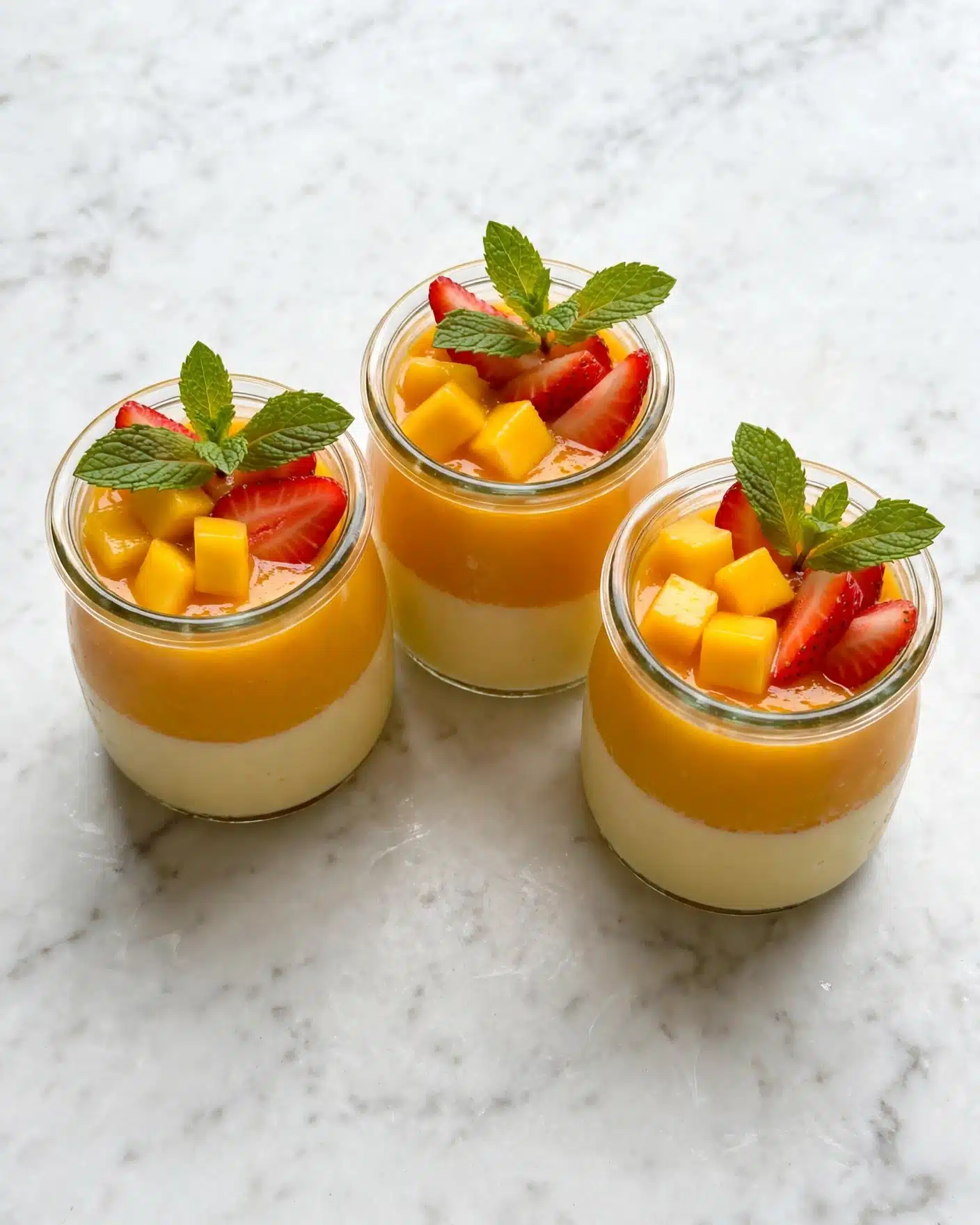 Mango Mousse Recipe 5 Three small glass jars sit closely on a white marbled surface, each filled with two layers: a pale yellow creamy base at the bottom and a bright orange layer on top. On the very top of each jar are small chunks of yellow mango and red strawberry slices arranged with fresh green mint leaves adding a pop of color. The jars are rounded with wide openings, showing the smooth texture of the dessert inside. The photo taken with an iphone --ar 4:5 --v 7