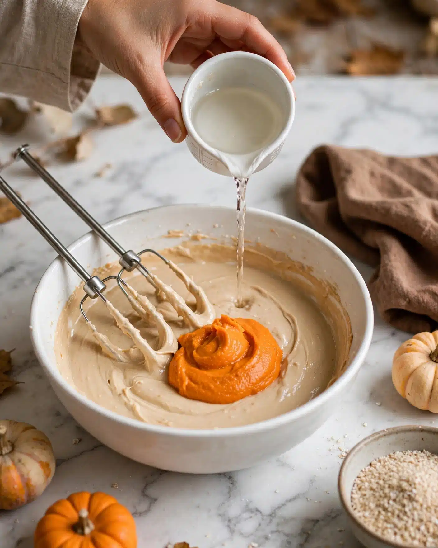 A white bowl sits on a white marbled surface, filled with a creamy light tan mixture. Inside the bowl, there are two metal beaters resting, partially coated with the mixture. In the center of the bowl is a dollop of thick bright orange paste. Above the bowl, a woman's hand pours a clear liquid from a white ceramic measuring cup into the bowl, adding to the mixture. Around the bowl, there are small pumpkins, a brown cloth, and a bowl with grainy beige contents. The scene is warm and autumn-themed. photo taken with an iphone --ar 4:5 --v 7