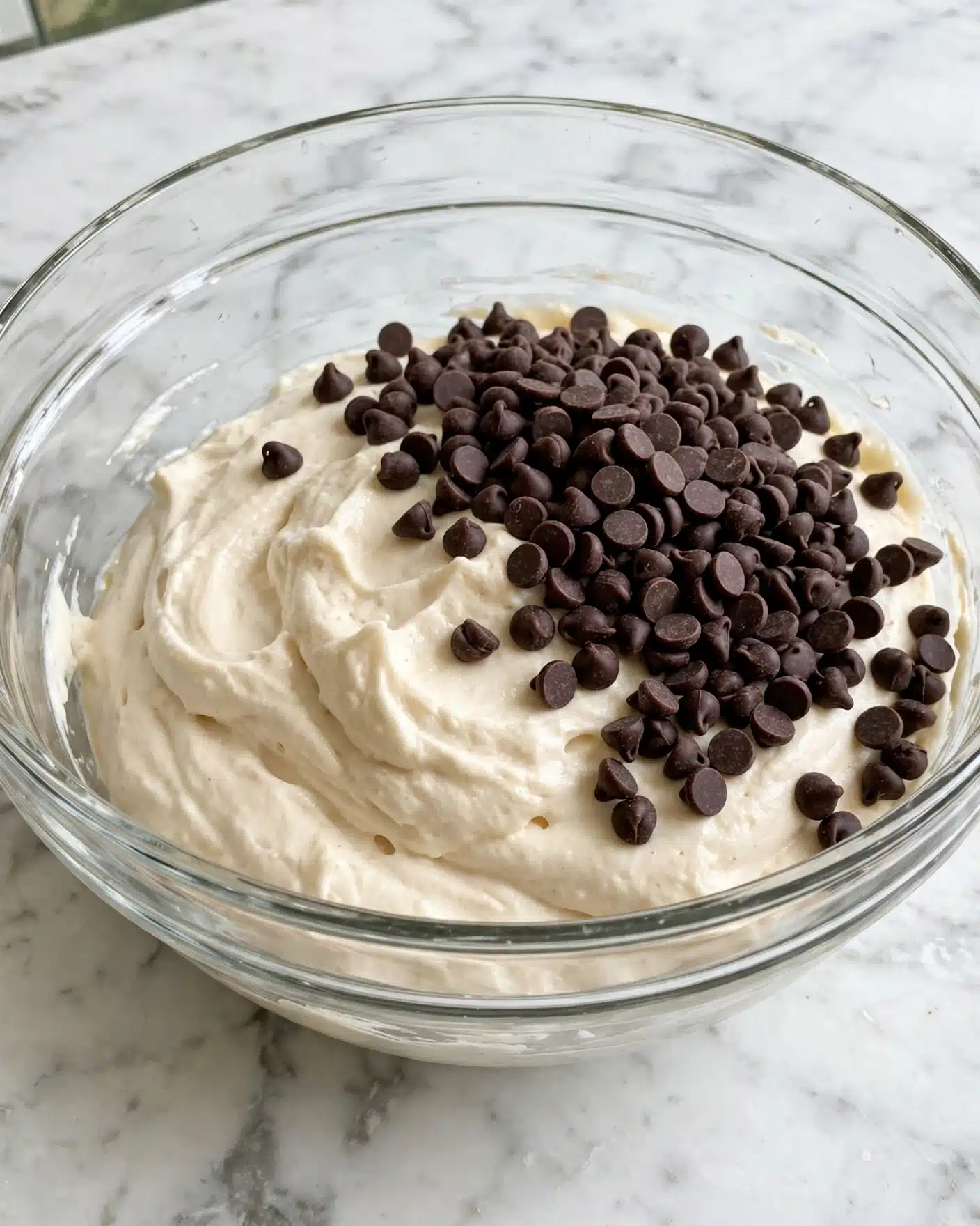 A clear glass bowl sits on a white marbled surface, filled mostly with a creamy light beige mixture that looks smooth and thick. On top of this creamy layer, there is a large pile of small, round, dark brown chocolate chips, scattered generously over one side of the mixture, creating a strong contrast between the light cream and dark chocolate colors. The texture of the creamy base looks soft and slightly fluffy, while the chocolate chips add a rough, bumpy texture on the surface. Photo taken with an iphone --ar 4:5 --v 7
