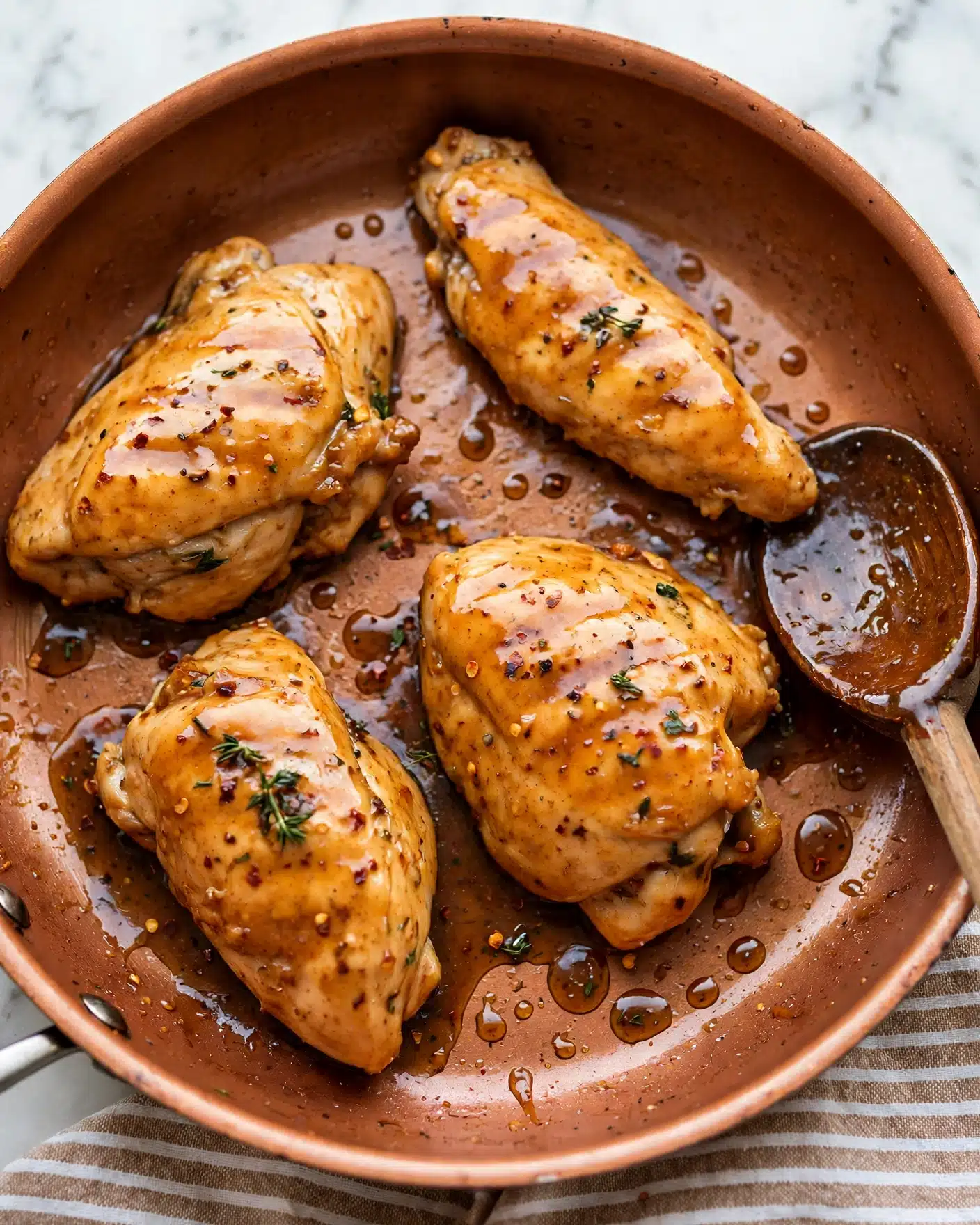 Maple Mustard Glazed Chicken Recipe 5 A close-up view of four cooked chicken pieces in a brown pan, each piece glossy with a golden-brown glaze that includes small herbs and red pepper flakes. The chicken has a smooth texture with the glaze pooling slightly around the edges and some droplets in the pan. Part of a wooden spoon coated with the glossy sauce rests on the right side of the pan. The pan sits on a light brown cloth with white stripes, and the background is a white marbled surface. photo taken with an iphone --ar 4:5 --v 7