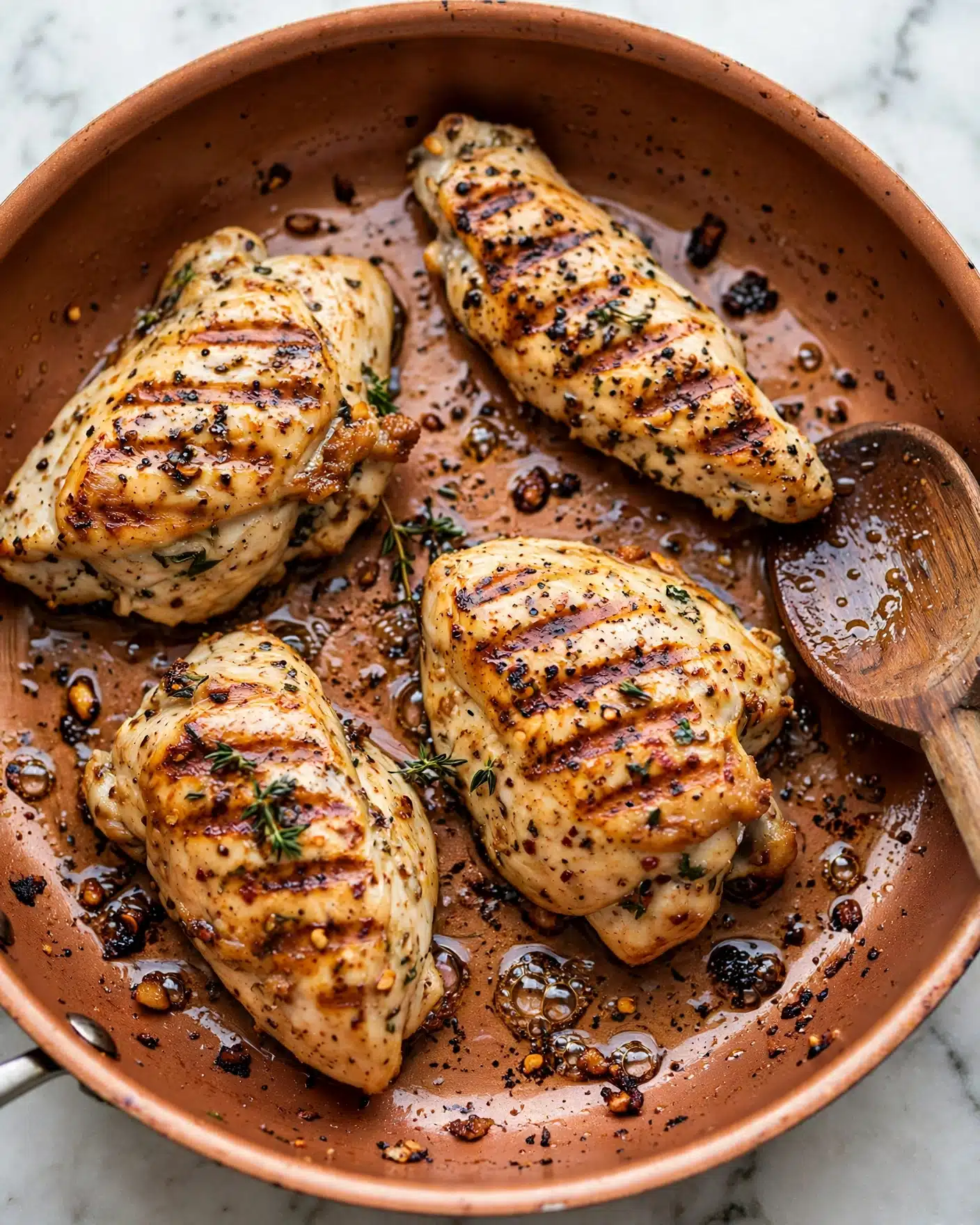 Maple Mustard Glazed Chicken Recipe 4 Four pieces of cooked chicken with light brown grill marks and black pepper specks lie spread out in a round copper-colored non-stick pan. The pan shows some oil and small browned bits from cooking, all set on a white marbled surface. The chicken pieces vary in shape, with some wider and flatter, others longer and thinner. photo taken with an iphone --ar 4:5 --v 7