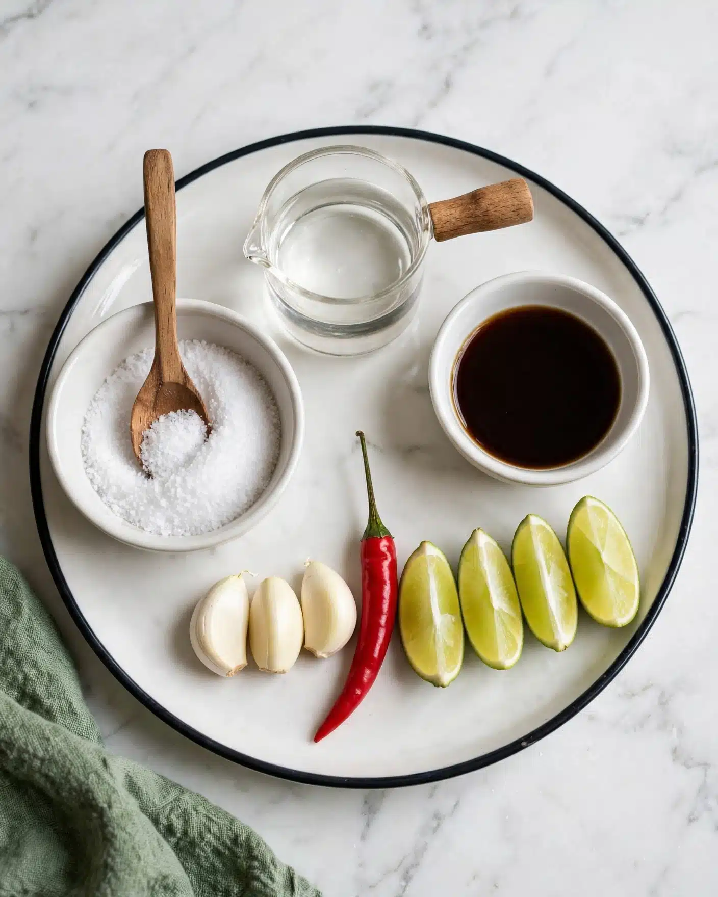 A round white plate with a dark rim holds several small items arranged neatly. On the left, there is a small white bowl filled with white granulated salt with a small wooden spoon resting inside it. In the middle top, there's a small glass container with a wooden handle, filled with clear liquid. To its right, a small white bowl contains a brown liquid. Below these, there are three peeled garlic cloves, a red chili pepper, and four lime wedges arranged side by side. The plate is set on a white marbled surface with a green textured cloth partly visible on the bottom left side. photo taken with an iphone --ar 4:5 --v 7