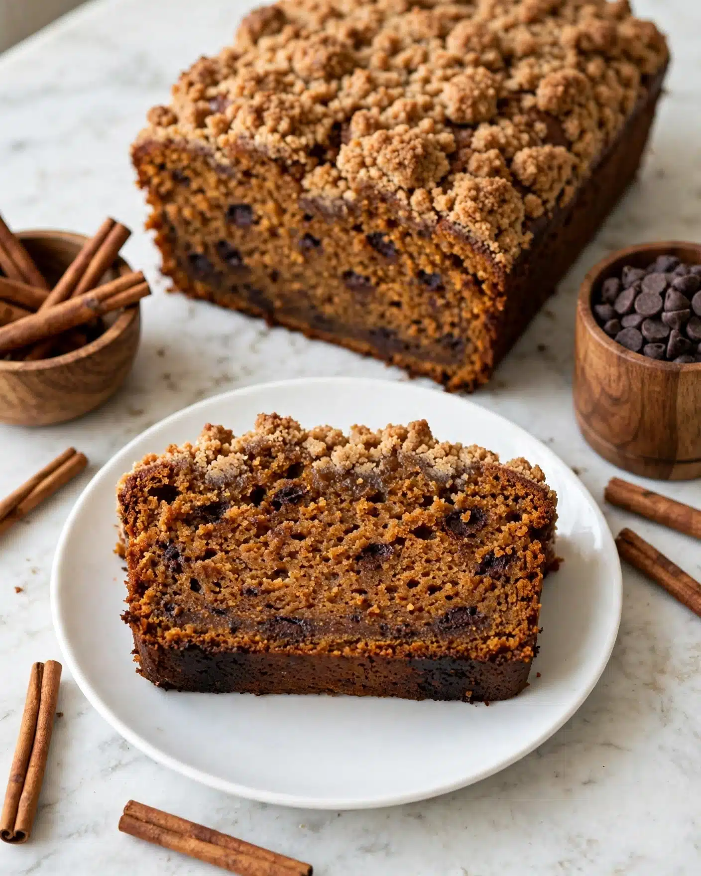 A thick slice of dark orange-brown cake with small dark chocolate spots is placed flat on a white plate. The cake has a crumbly light brown streusel layer on top, with a moist texture inside and a darker crust on the bottom edge. Behind the slice, there is a larger piece of the same cake showing the same layers and texture. Around the plate, there are several cinnamon sticks, some inside a small wooden bowl, and a wooden container filled with dark chocolate chips. The whole scene is set on a white marbled surface. photo taken with an iphone --ar 4:5 --v 7