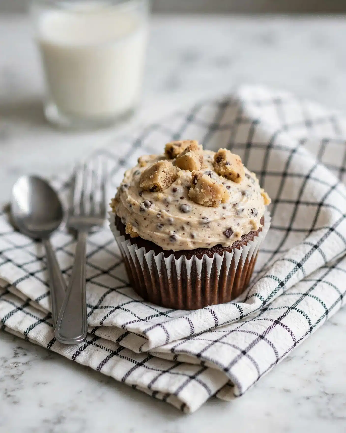The image shows a single chocolate cupcake with a white paper liner sitting on a folded white cloth with a black grid pattern, placed on a white marbled surface. The cupcake has one thick layer of beige frosting with small dark chocolate bits mixed in. On top of the frosting, there are several small chunks of cookie dough. To the left of the cupcake, there is a silver spoon and a silver fork resting on the cloth. In the background, slightly out of focus, there is a glass of milk. Photo taken with an iphone --ar 4:5 --v 7
