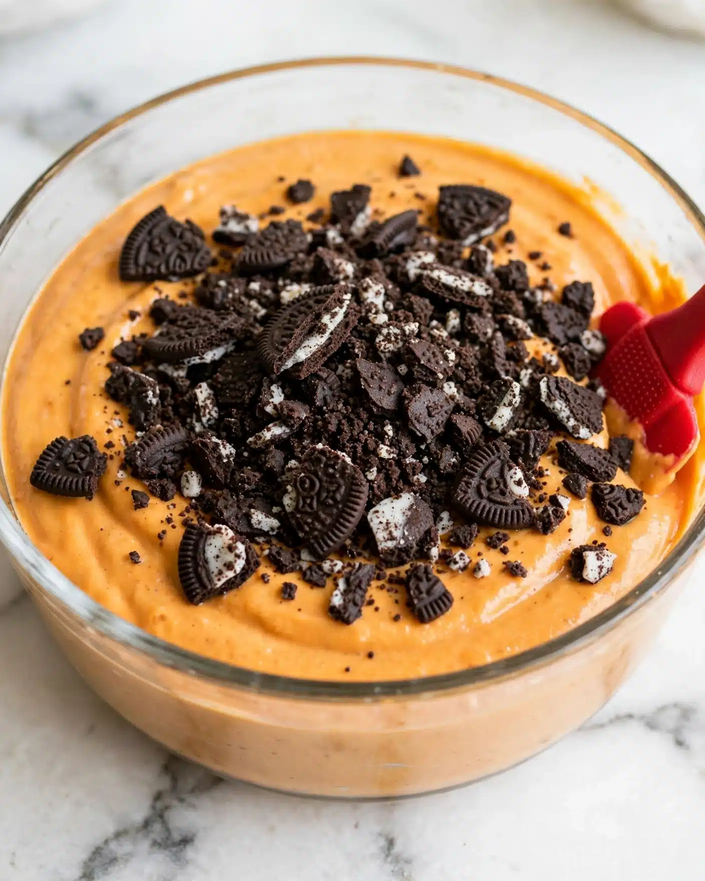 A clear glass bowl filled with a smooth, thick layer of orange creamy mixture occupies the center. On top, a large pile of crushed dark brown to black cookie pieces sits unevenly, showing bits of white filling and rough texture. A bright red spatula handle is partially visible on the right side, resting inside the mixture and slightly covered by the cookies. The bowl sits on a white marbled surface that adds a clean and soft background to the scene. photo taken with an iphone --ar 4:5 --v 7