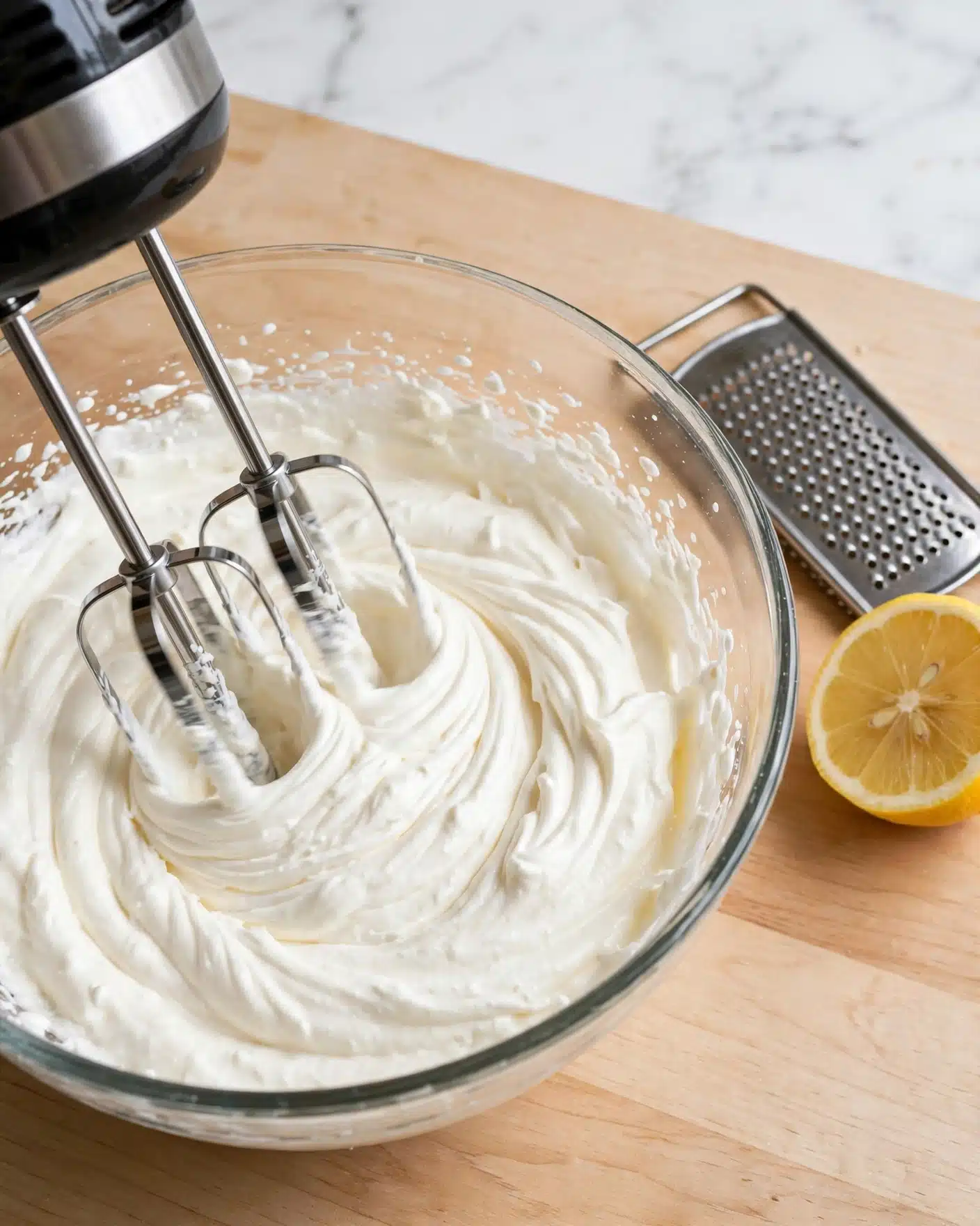 Keto Cheesecake Fluff Recipe 4 A clear glass bowl contains a single creamy white layer of thick mixture being whipped by a hand mixer with two metal beaters, positioned from the top left corner into the bowl. To the right side of the bowl, there is a metal grater resting on the white marbled surface with half a lemon nearby. The surface has a light wood texture under the bowl and objects. The whipped mixture looks smooth and fluffy inside the bowl. Photo taken with an iphone --ar 4:5 --v 7