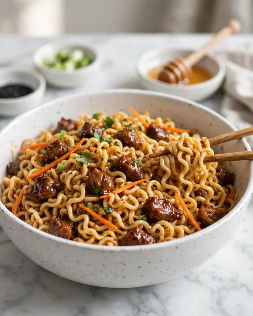 Sticky Honey Garlic Chicken Noodles Recipe