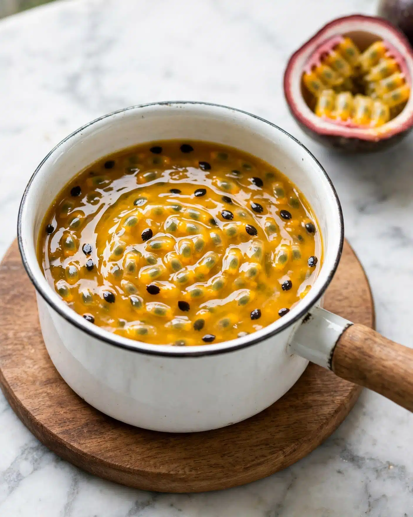 The image shows a white pot with a wooden handle filled with a yellow-orange liquid that has small black seeds floating throughout. The liquid looks smooth and slightly thick, with a glossy surface reflecting light. The pot sits on a round wooden board on a white marbled surface. In the background, there is a halved passion fruit showing its seedy, bright yellow interior and dark purple outer skin. Photo taken with an iphone --ar 4:5 --v 7