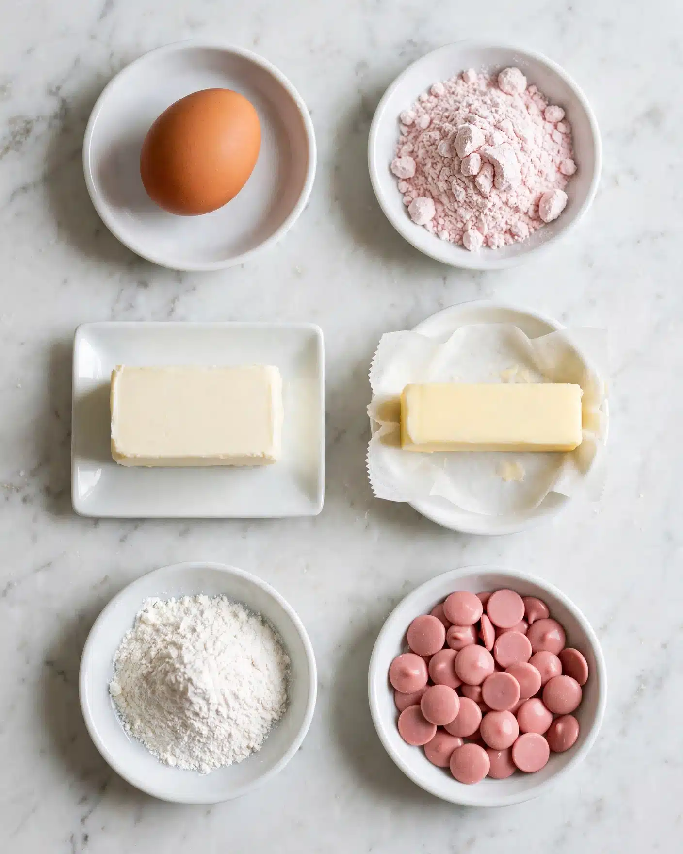 Strawberry Kiss Cookies Recipe 4 Top view of six small white dishes arranged on a white marbled surface, each holding different baking ingredients: the top right dish is filled with light pink powder with a crumbly texture, the top left dish holds a single brown egg with a smooth shell, below the egg is a white rectangular block on a white rectangular plate, to the right of it is a pale yellow stick on a white parchment, bottom right bowl contains smooth pink chocolate drops, and bottom left bowl is filled with fine white powder, all evenly spaced. Photo taken with an iphone --ar 4:5 --v 7