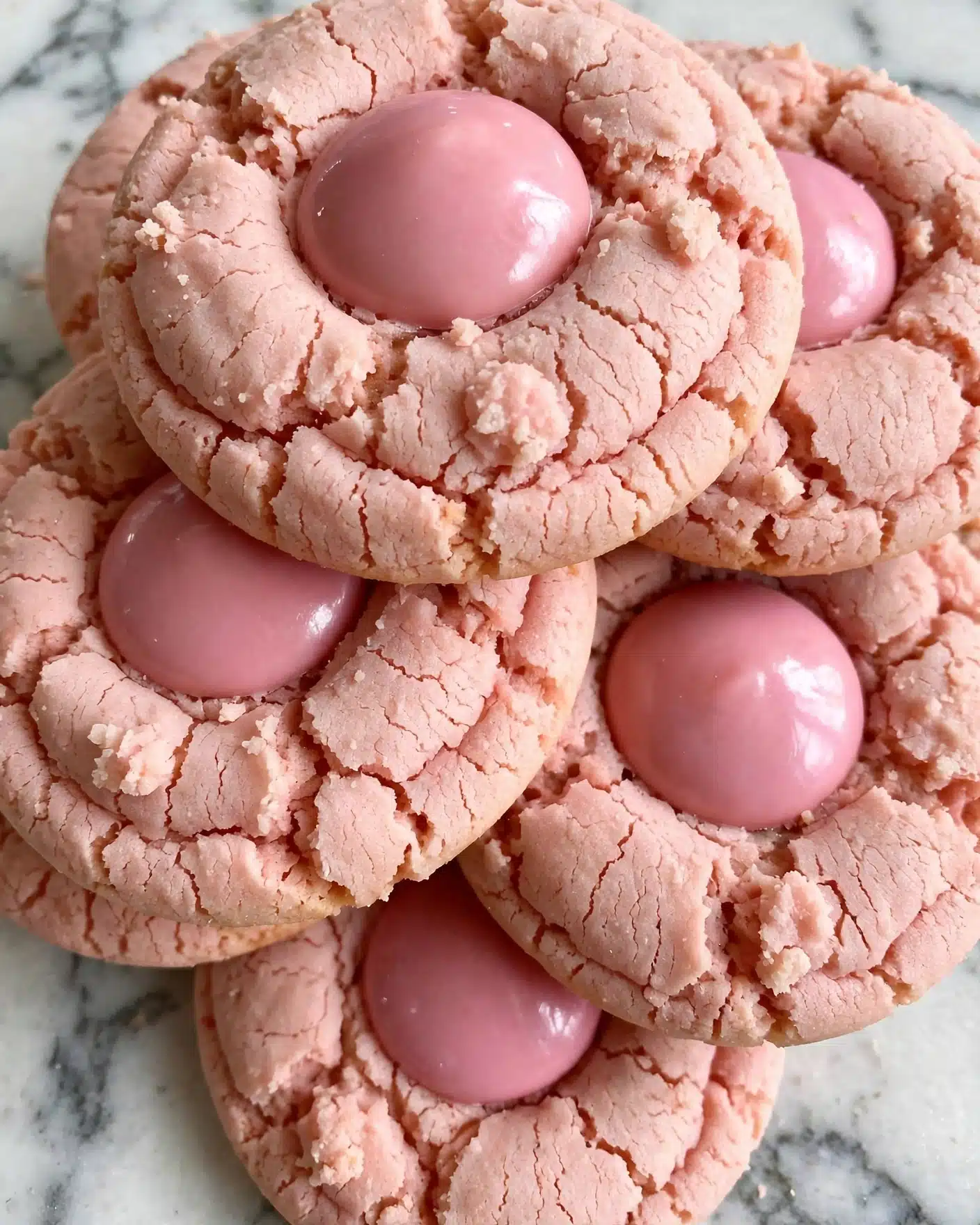 Strawberry Kiss Cookies Recipe 5 A close-up view of multiple light pink cookies stacked closely together, each cookie having a cracked, textured surface and a smooth, shiny, dome-shaped candy piece placed firmly in the center, creating a contrast between the crumbly cookie base and the polished candy top. The cookies fill the entire frame against a white marbled texture, emphasizing their soft pink color and delicate details. photo taken with an iphone --ar 4:5 --v 7