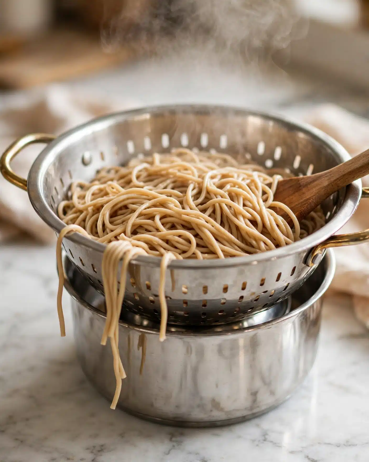 A shiny silver metal colander filled with light brown noodles sitting on a shiny silver pot, with steam rising above it. The noodles have a smooth texture with a few strands falling outside the colander. A wooden spatula with a warm brown color is placed inside the colander, partly covered by the noodles. The colander has small oval holes and two handles with a slight golden tint. The scene is set on a white marbled surface with soft, warm lighting. photo taken with an iphone --ar 4:5 --v 7