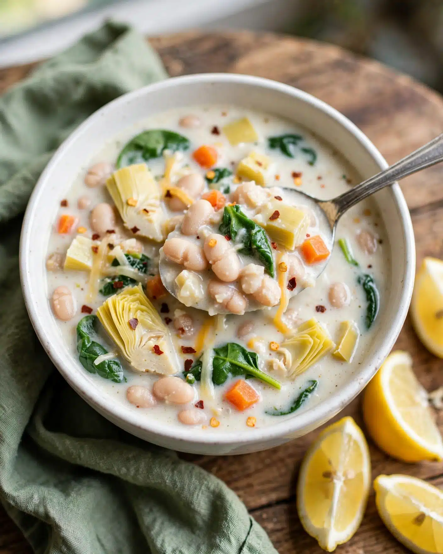 Creamy Tuscan Lemon Artichoke Soup Recipe 5 A creamy white soup filled with soft white beans, chunks of light yellow artichoke hearts, bright green spinach leaves, and small diced orange carrots, all mixed with shredded cheese and tiny red pepper flakes on top in a white bowl. A silver spoon rests inside the bowl, holding a scoop of the soup showing the same colorful mix inside. The bowl sits on a wooden surface with a green cloth and lemon wedges nearby. Photo taken with an iphone --ar 4:5 --v 7