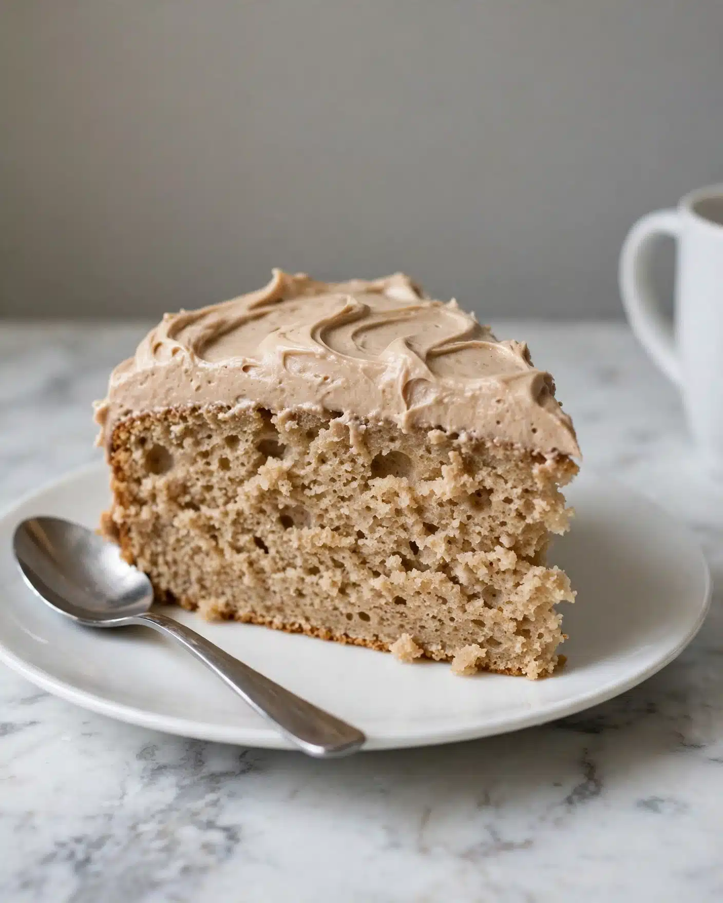 Earl Grey Tres Leches Cake Recipe 5 A slice of light brown cake with a soft texture sits on a white plate, topped with a thick, creamy layer of light brown frosting that has a few swirled ridges on the surface. The cake appears moist and fluffy with small air pockets visible inside. A spoon rests on the plate next to the cake, and the background features a smooth white marbled surface with a gray wall behind it. A partial view of a white ceramic mug with a handle is visible on the right side. photo taken with an iphone --ar 4:5 --v 7