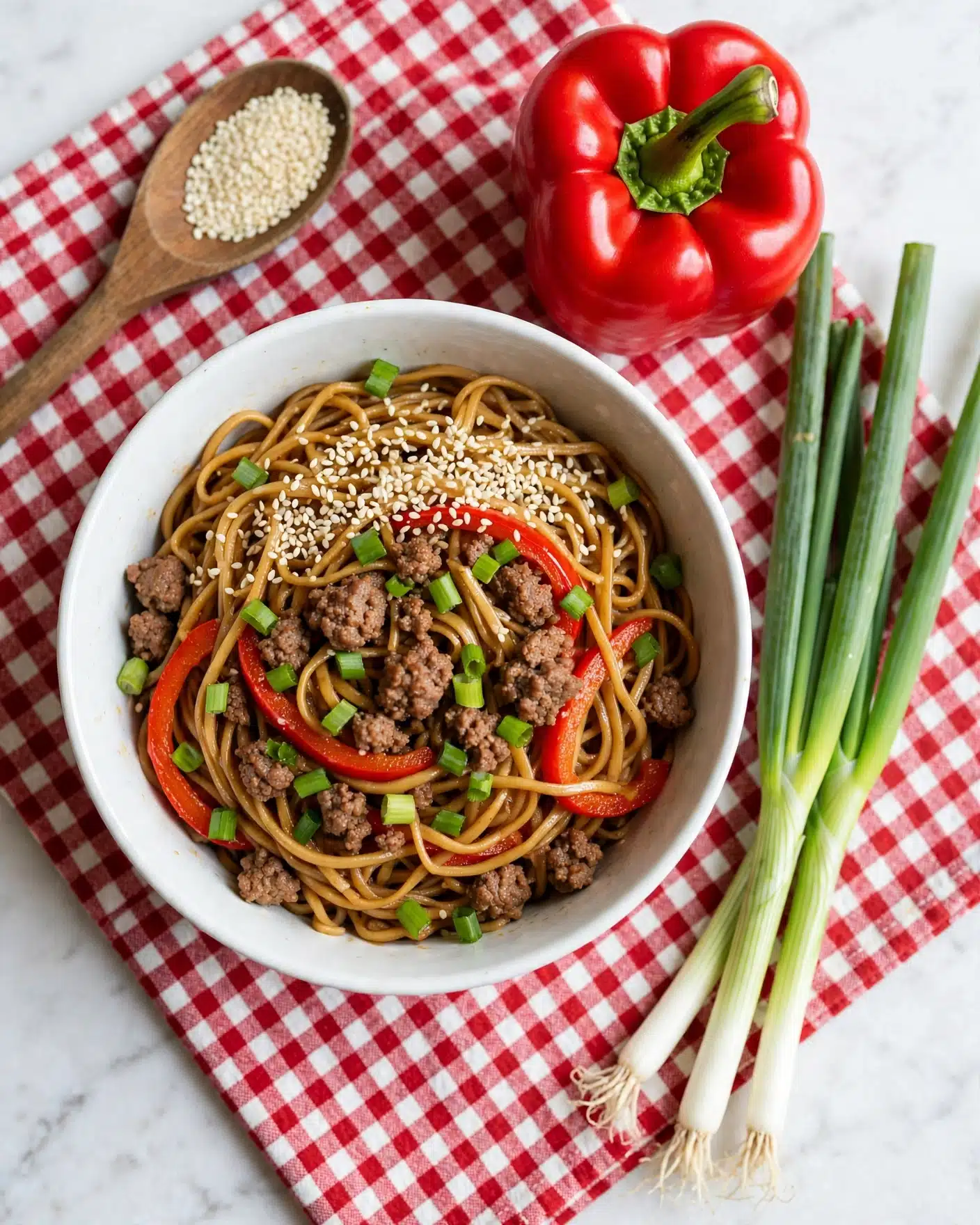 A white bowl filled with a mix of brown cooked noodles and crumbled brown meat, mixed with thin red pepper slices and scattered small bright green onion pieces. The dish is topped with white sesame seeds evenly spread on top. The bowl sits on a red and white checkered cloth on a white marbled surface. Near the bowl, there is a whole red bell pepper and three green onions with white bulbs. A wooden spoon with white sesame seeds lies in the upper corner. photo taken with an iphone --ar 4:5 --v 7