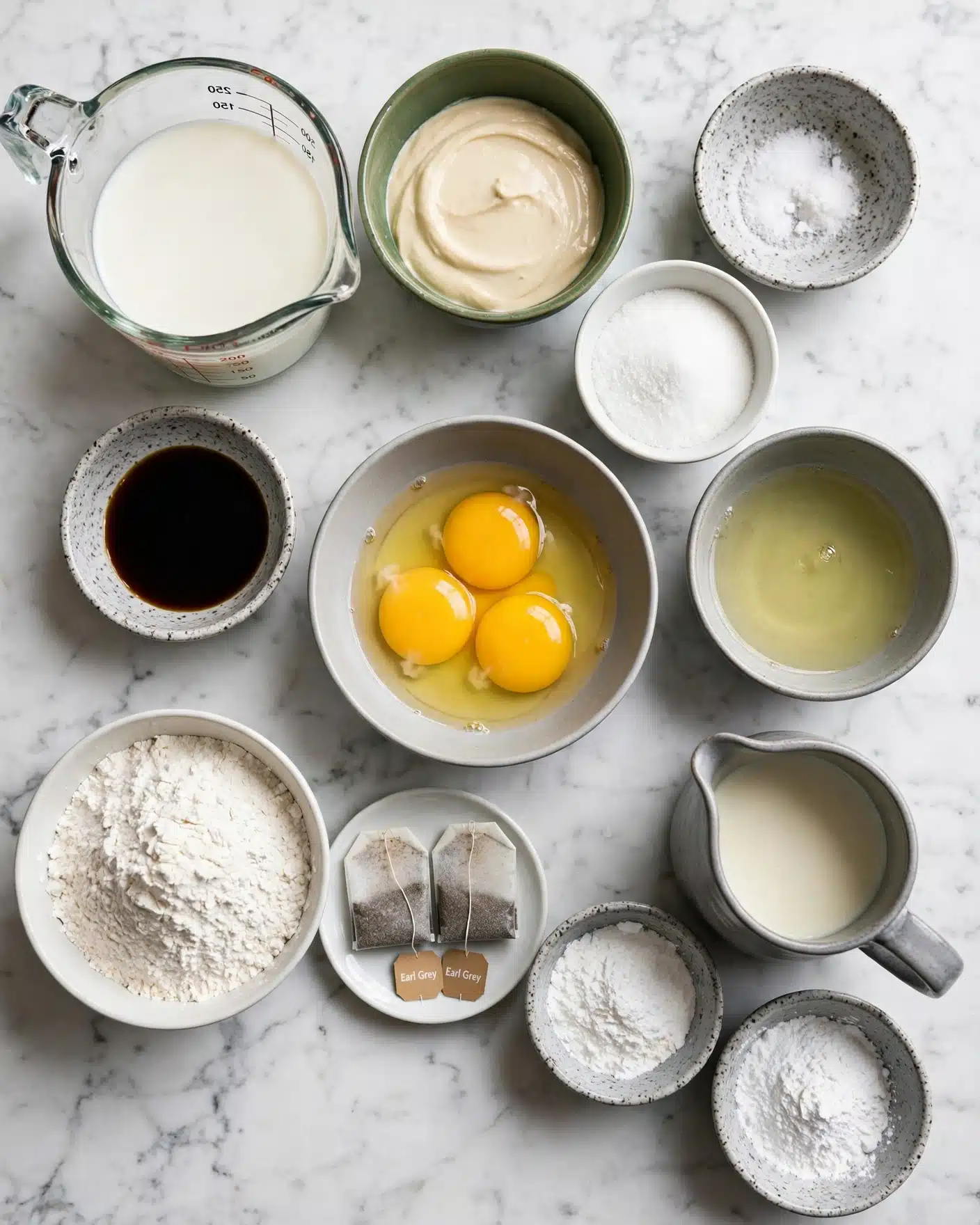 Earl Grey Tres Leches Cake Recipe 4 A flat lay of various baking ingredients arranged neatly on a white marbled surface. There is a clear glass measuring cup filled with white milk at the top left, next to a green bowl with beige cream. Below that is a small speckled bowl with soy sauce, beside a white bowl full of white sugar. In the middle sits a light gray bowl holding three bright yellow egg yolks with some egg white. To the right is a grayish bowl with clear egg whites. At the bottom left is a white bowl filled with white flour. Beside it is a small white plate holding two Earl Grey tea bags. A gray ceramic pitcher filled with a creamy liquid is at the bottom right. Finally, there are three small speckled bowls—one with white salt at the top right, another with white powder at the bottom right, and the last just below the pitcher. The setup looks clean and organized. Photo taken with an iphone --ar 4:5 --v 7
