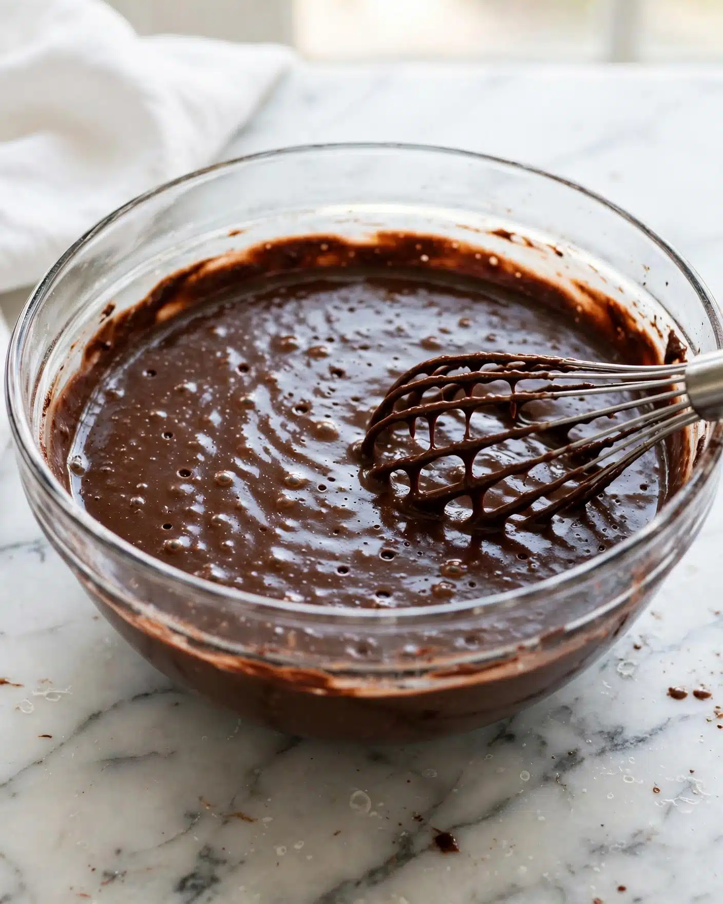 Matilda's Decadent Chocolate Cake Recipe 4 A clear round glass bowl is filled almost to the top with smooth, chocolate-colored batter that has tiny bubbles and a slightly shiny surface. Inside the bowl, a silver metal whisk is partially submerged on the right side, with the batter coating its thin wires. The bowl sits on a white marbled surface, and a soft white cloth is partly visible in the upper left corner. The scene is lit naturally, showing the rich texture and dark brown color of the batter. photo taken with an iphone --ar 4:5 --v 7
