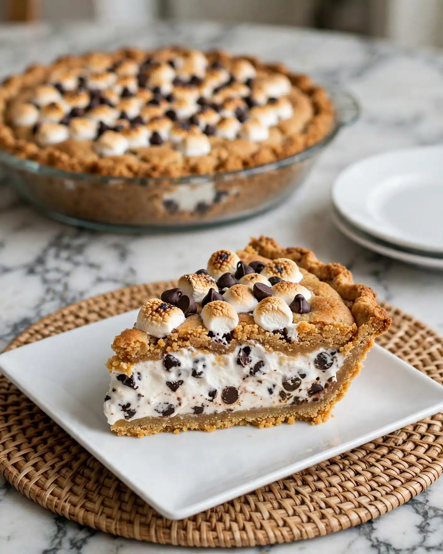 S'mores Pie With Marshmallow Fluff Recipe 5 The image shows a slice of dessert pie on a white square plate, placed on a woven mat with a white marbled surface underneath. The pie has three visible layers: the bottom and top layers are golden-brown cookie crusts with a soft and slightly crumbly texture. The middle layer is filled with white marshmallow cream blended with dark chocolate chips that add contrast and texture. On top, there are small toasted marshmallows mixed with a few scattered dark chocolate chips, creating a visually appealing, slightly toasted pattern. In the background, there is a whole pie in a clear glass dish and a small stack of white plates on the white marbled surface. photo taken with an iphone --ar 4:5 --v 7