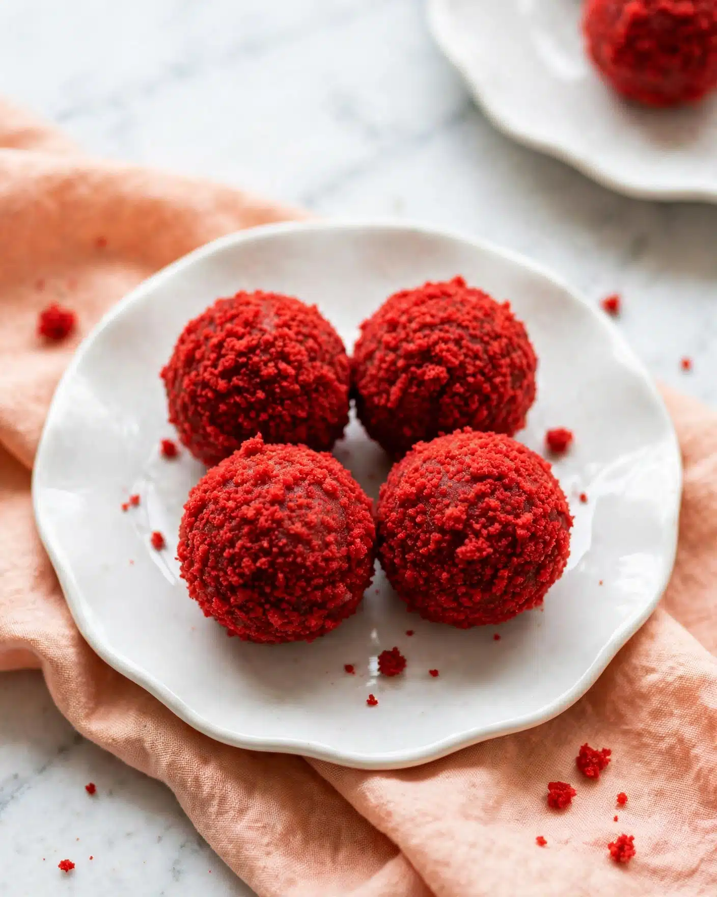 Red Velvet Cheesecake Bites Recipe 5 Four round balls covered in bright red crumbs sit closely together on a white plate with a slightly raised, wavy edge. The balls have a rough, crumbly texture from the red coating, and a few crumbs are scattered on the plate around them. The plate rests on a soft peach-colored cloth over a white marbled surface. In the background, part of another white plate with one more red crumb-covered ball is visible, slightly blurred. Photo taken with an iphone --ar 4:5 --v 7
