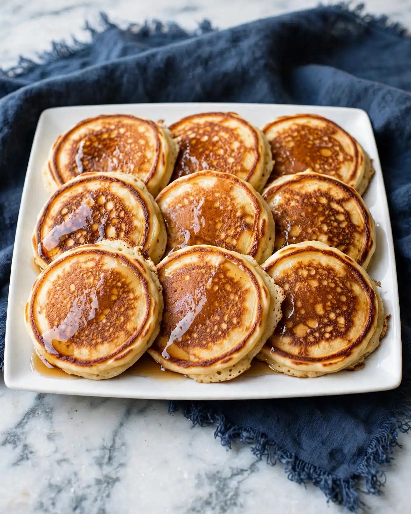 Southern Hoecakes Recipe 4 A white square plate filled with three rows of golden brown pancakes that have a slightly uneven round shape; each pancake shows a textured surface with some darker golden spots and crispy edges, giving them a homemade look. The pancakes are thick and stacked closely together, with colors ranging from light golden to darker brown patches on top, indicating they are well cooked. The plate sits on a white marbled surface, adding a clean and bright background to the warm tones of the pancakes. photo taken with an iphone --ar 4:5 --v 7