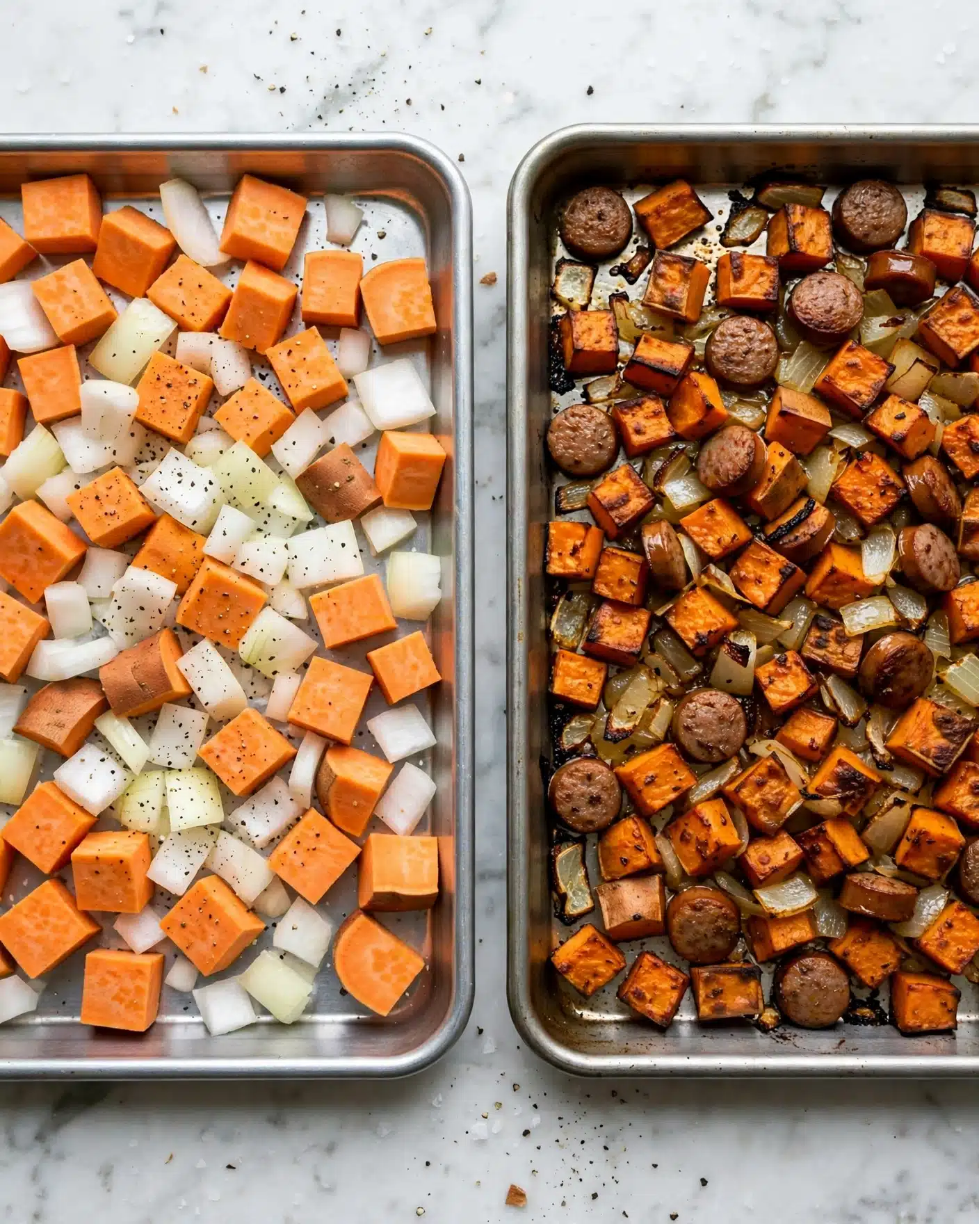 Sweet Potato, Sausage and Egg Breakfast Casserole Recipe 4 The image shows two side-by-side metal baking trays on a white marbled surface. The left tray has an uncooked mix of chopped orange sweet potatoes and white onions, sprinkled with black pepper. The right tray shows the cooked version with the sweet potatoes turning slightly brown and caramelized, onions shrunk and browned, and several sliced brown sausage pieces mixed evenly among the vegetables. The textures range from firm raw vegetables on the left to a softer, roasted appearance on the right. Photo taken with an iphone --ar 4:5 --v 7