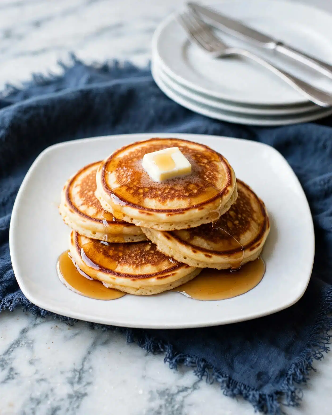 Southern Hoecakes Recipe 5 Three round golden brown pancakes are stacked slightly overlapping on a white plate. Each pancake has a soft texture with darker edges and is topped with a small square of melting white butter. Amber syrup is drizzled over the pancakes, pooling slightly on the white plate. The plate sits on a dark blue textured cloth with fringed edges, and in the background are stacked white plates with a fork and knife resting on top. The surface beneath has a white marbled texture. Photo taken with an iphone --ar 4:5 --v 7