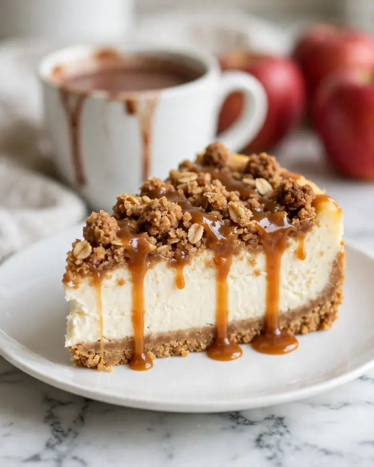 Apple Crisp Cheesecake with Caramel Drizzle Recipe