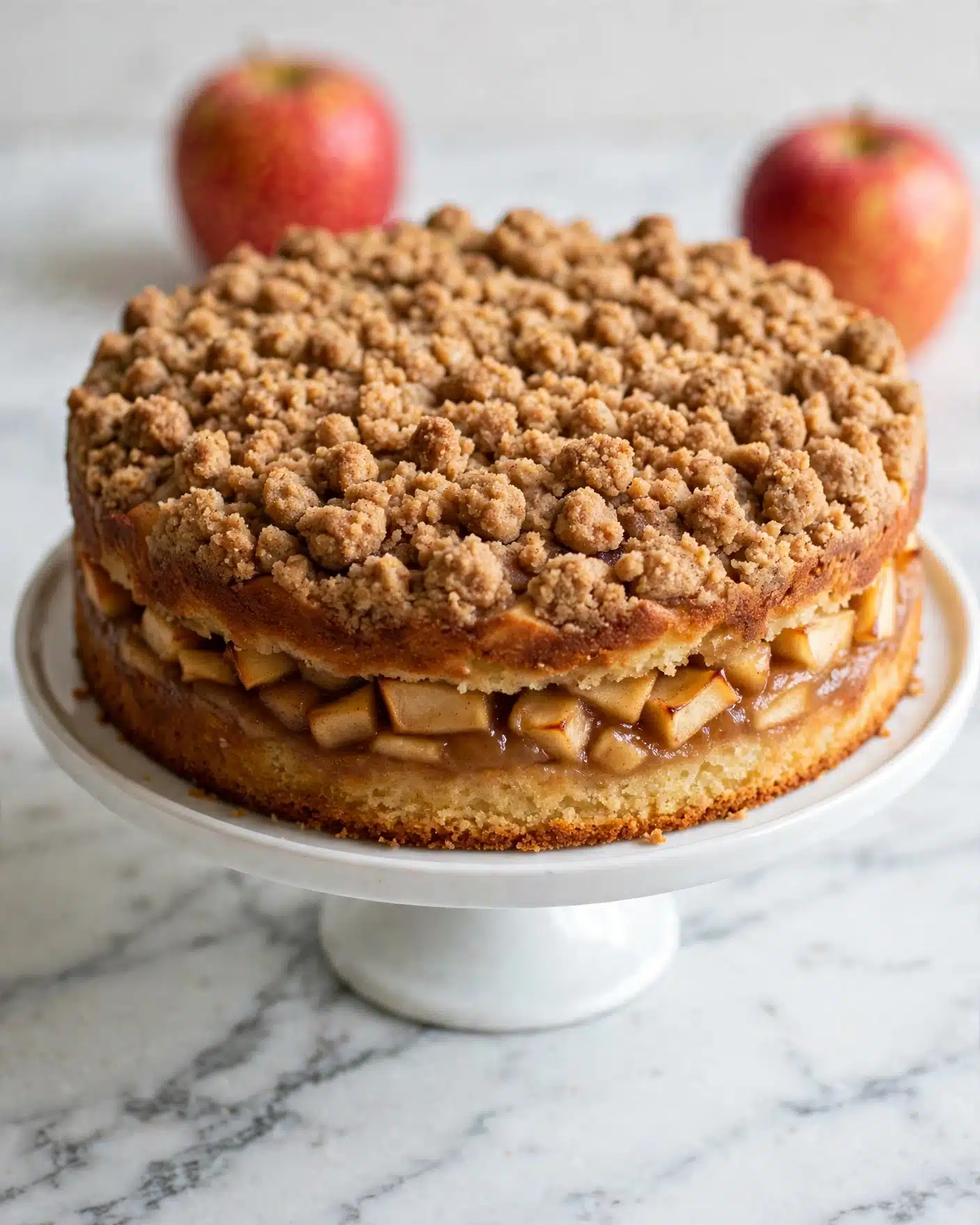 Apple Crisp Cheesecake with Caramel Drizzle Recipe 5 A round apple crumb cake with three visible layers: a thick golden brown cake base with a soft texture, a middle layer of baked apple pieces barely seen inside, and a top layer of coarse light brown crumb topping with crunchy bits. The cake is placed on a white cake stand with a short stem, against a white marbled texture surface. Two red apples with yellow specks are blurred in the background, enhancing the cake's warm colors. photo taken with an iphone --ar 4:5 --v 7