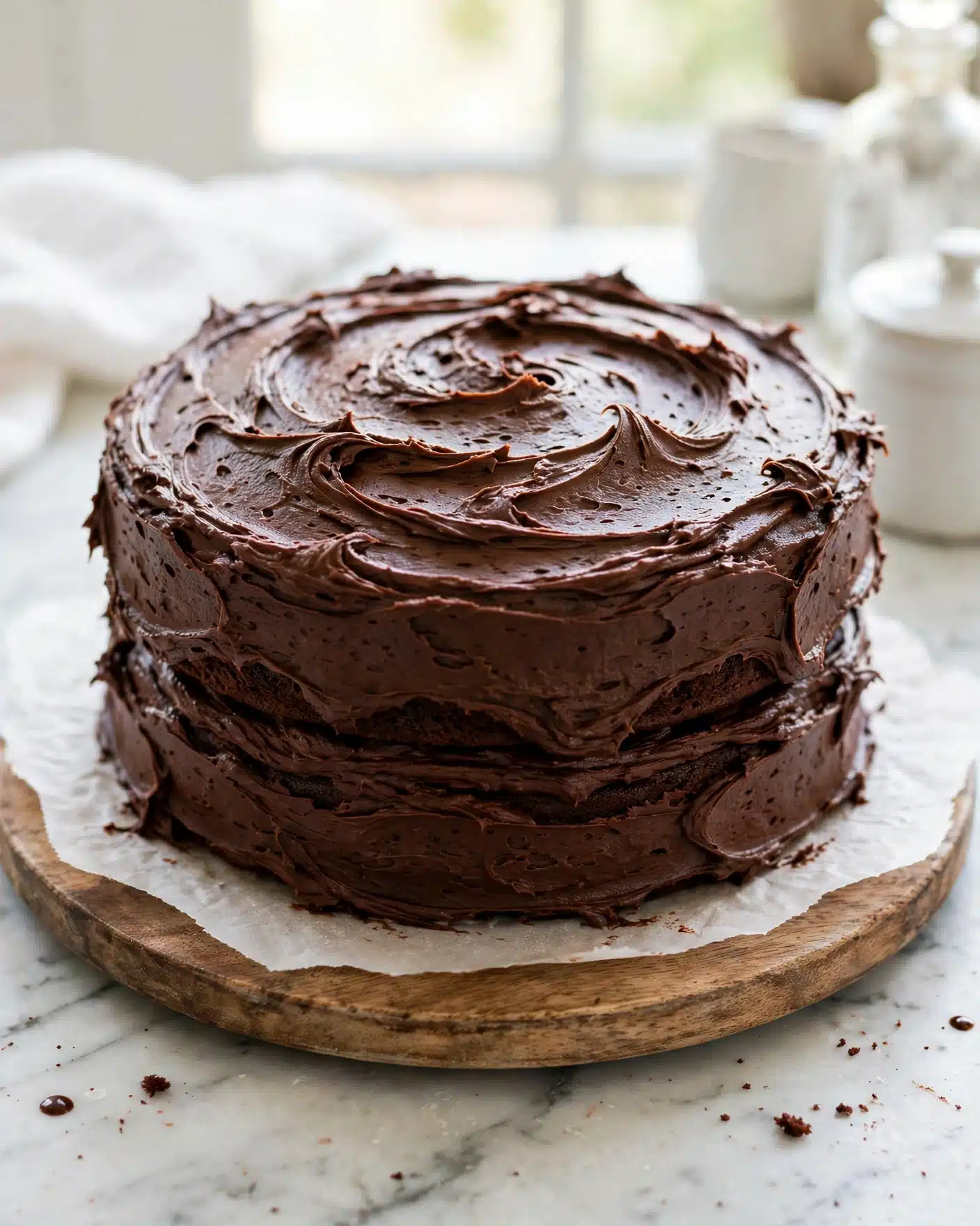 Matilda's Decadent Chocolate Cake Recipe 5 A two-layer chocolate cake covered fully with thick, dark brown chocolate frosting that has a rough, swirled texture on the top and sides. The cake sits on a piece of white parchment paper placed on a round wooden cake stand. The background is a soft, white marbled surface with some blurred white ceramic containers and a glass bottle around. The look is simple, rustic, and homemade. photo taken with an iphone --ar 4:5 --v 7