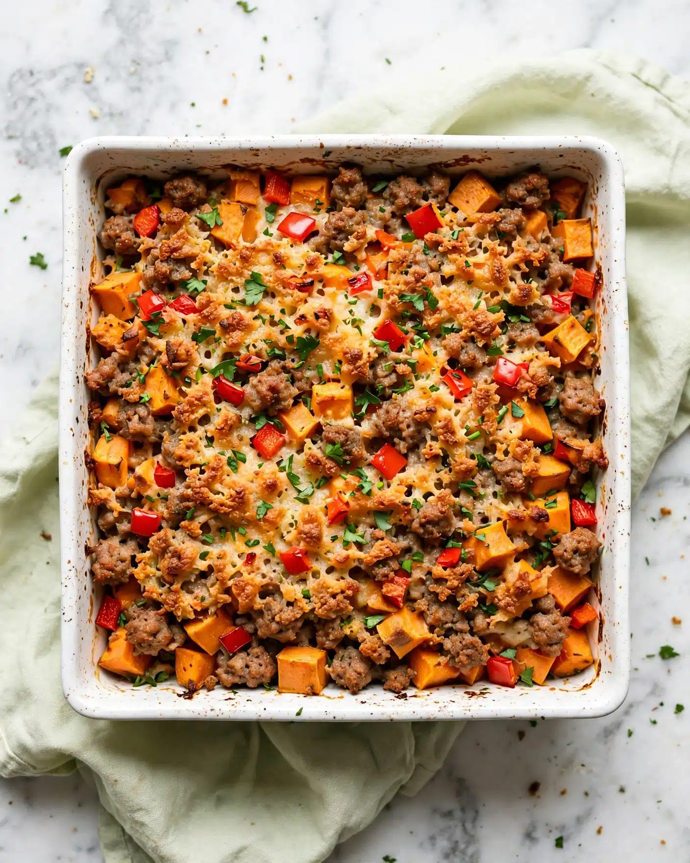 Sweet Potato, Sausage and Egg Breakfast Casserole Recipe 5 The image shows a baked dish in a white square ceramic baking dish. The top layer is golden brown with small browned bits, dotted with red pieces that look like chopped red bell peppers, and sprinkled with green herbs. There are orange chunks mixed throughout, likely sweet potatoes, along with browned crumbled meat spread evenly across the surface. The dish sits on a pale green cloth, and the background is a white marbled texture. photo taken with an iphone --ar 4:5 --v 7