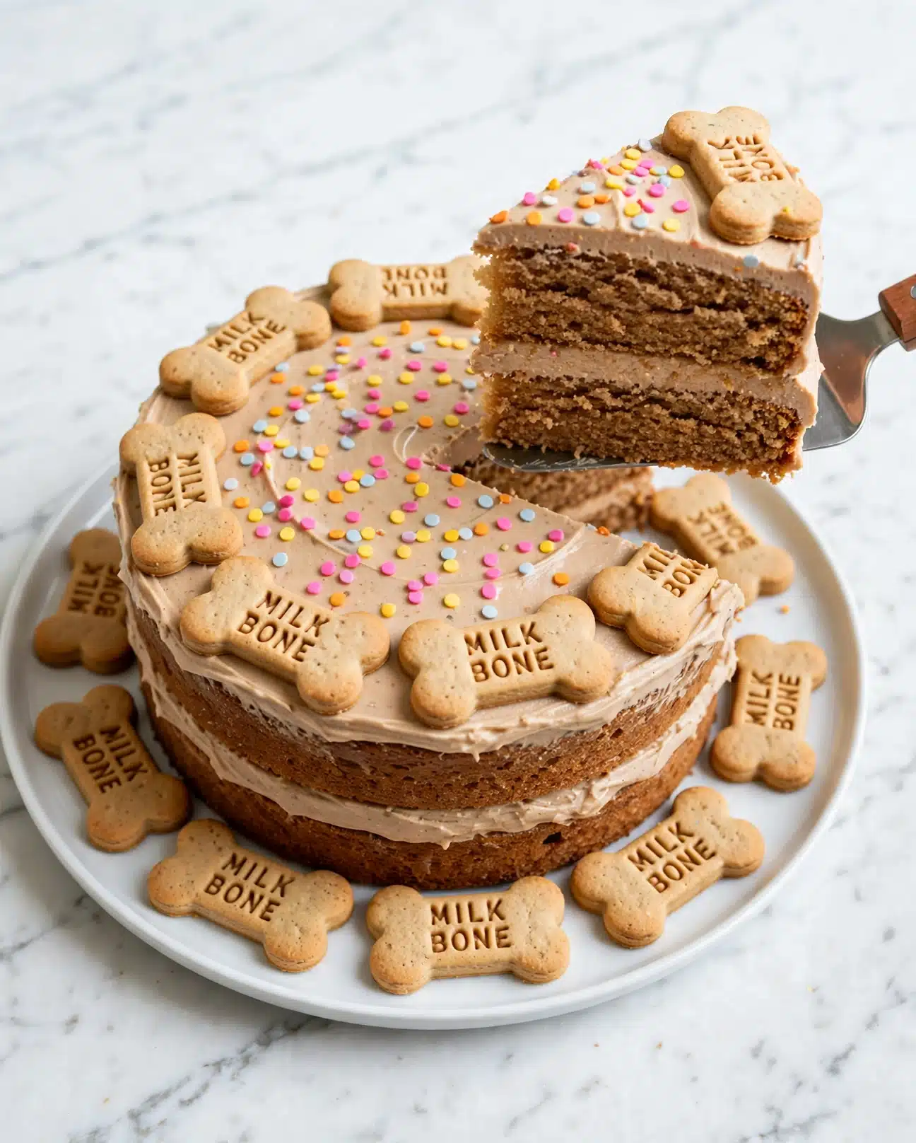 Dog Birthday Cake Recipe 5 The image shows a two-layer cake with light brown frosting between and on top of the layers. The cake itself is a warm brown color and looks soft and moist. There are bone-shaped cookies with the words