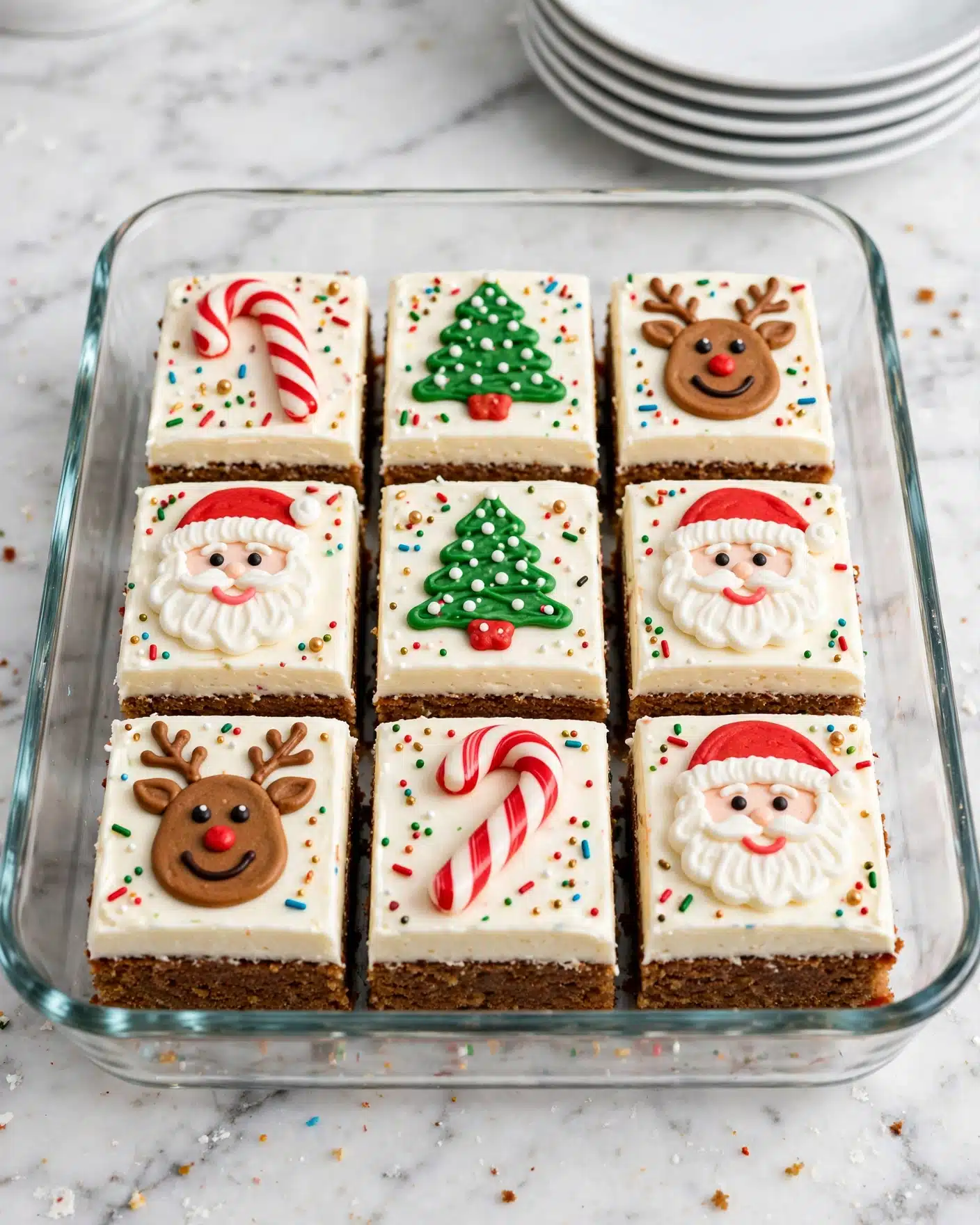 Gingerbread Cookie Bars Recipe 5 A clear glass rectangular dish holds nine square pieces of cake with two distinct layers: a thick, dark brown base and a smooth, white cream frosting layer on top. Each piece is decorated with small colorful sprinkles scattered over the white frosting and festive icing shapes including red candy canes, green Christmas trees with red bases and white dots, smiling reindeer faces, and Santa Claus faces with red hats and white beards placed in the center of some squares. The dish is placed on a white marbled surface, with a stack of white plates visible in the background. Photo taken with an iphone --ar 4:5 --v 7