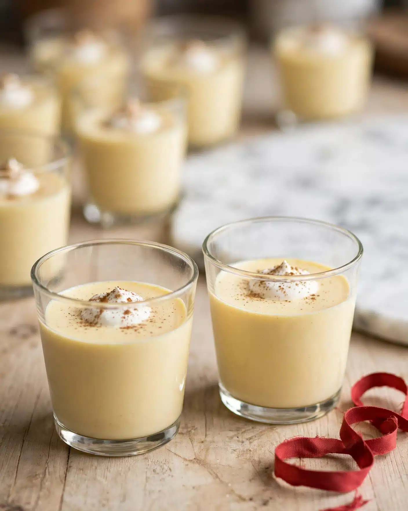 Creamy Homemade Eggnog Recipe 5 The image shows two short clear glasses filled with a smooth, creamy pale yellow drink. Each glass has a small dollop of white whipped cream on top, lightly sprinkled with a fine dusting of brown spice. The glasses sit on a light wooden surface with a loose red ribbon nearby. The background is softly blurred, showing more glasses of the same drink, all on the same light wooden surface with a white marbled texture beyond. photo taken with an iphone --ar 4:5 --v 7