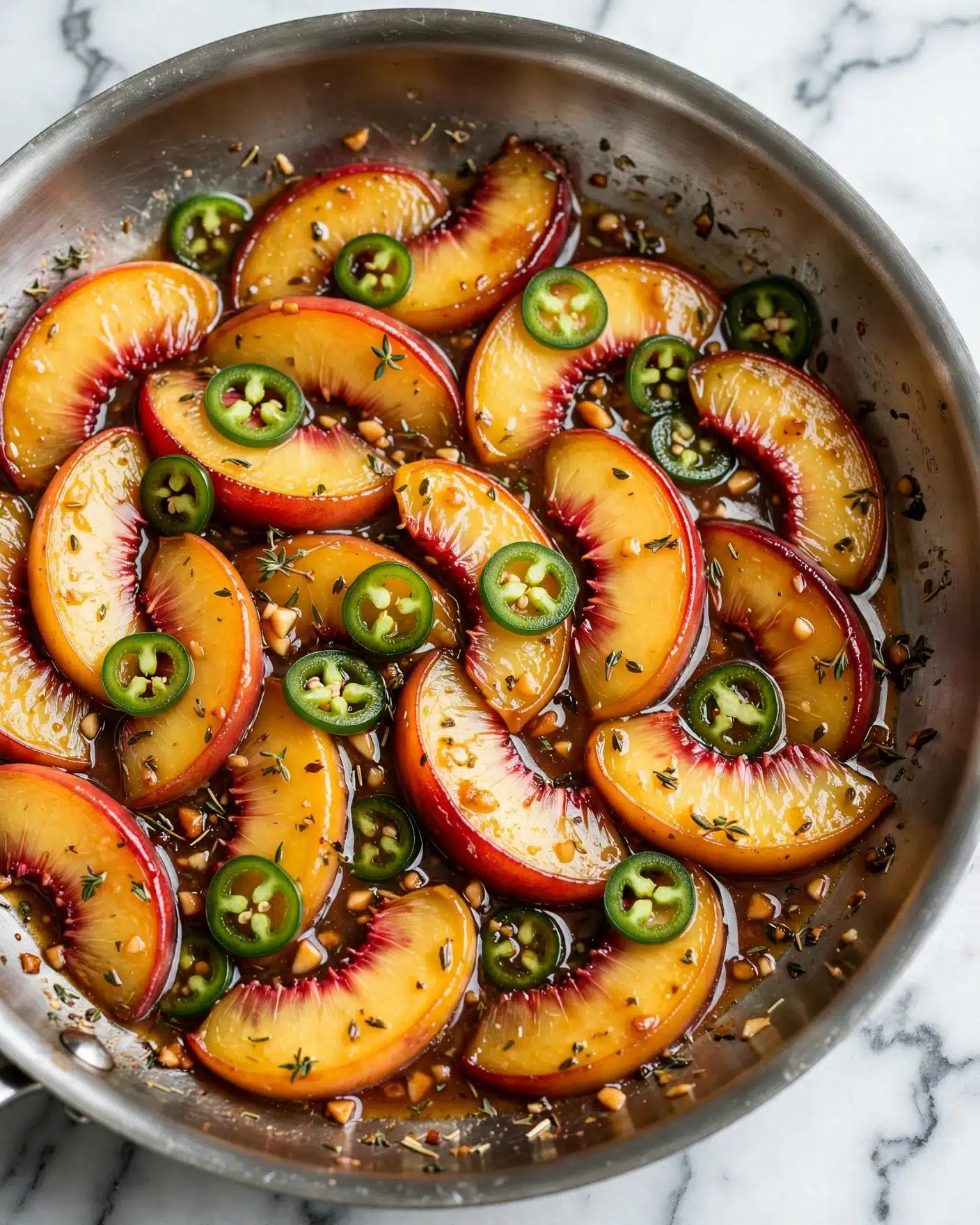 Jalapeno Peach Chicken Skewers Recipe 4 The image shows a close-up of a stainless steel pan filled with slices of golden peach pieces that have a soft, slightly caramelized texture. The peach slices are spread out, some overlapping, revealing their shiny, juicy surfaces with edges that have a deeper red tint. Scattered among the peaches are thin, bright green jalapeño slices, adding a contrasting vibrant color and fresh texture. The pan holds a glossy sauce with visible garlic bits and herbs, which pools around the fruit and peppers, giving a rich and flavorful look. The background is a white marbled surface, and the overall lighting highlights the warm colors and textures of the ingredients. photo taken with an iphone --ar 4:5 --v 7