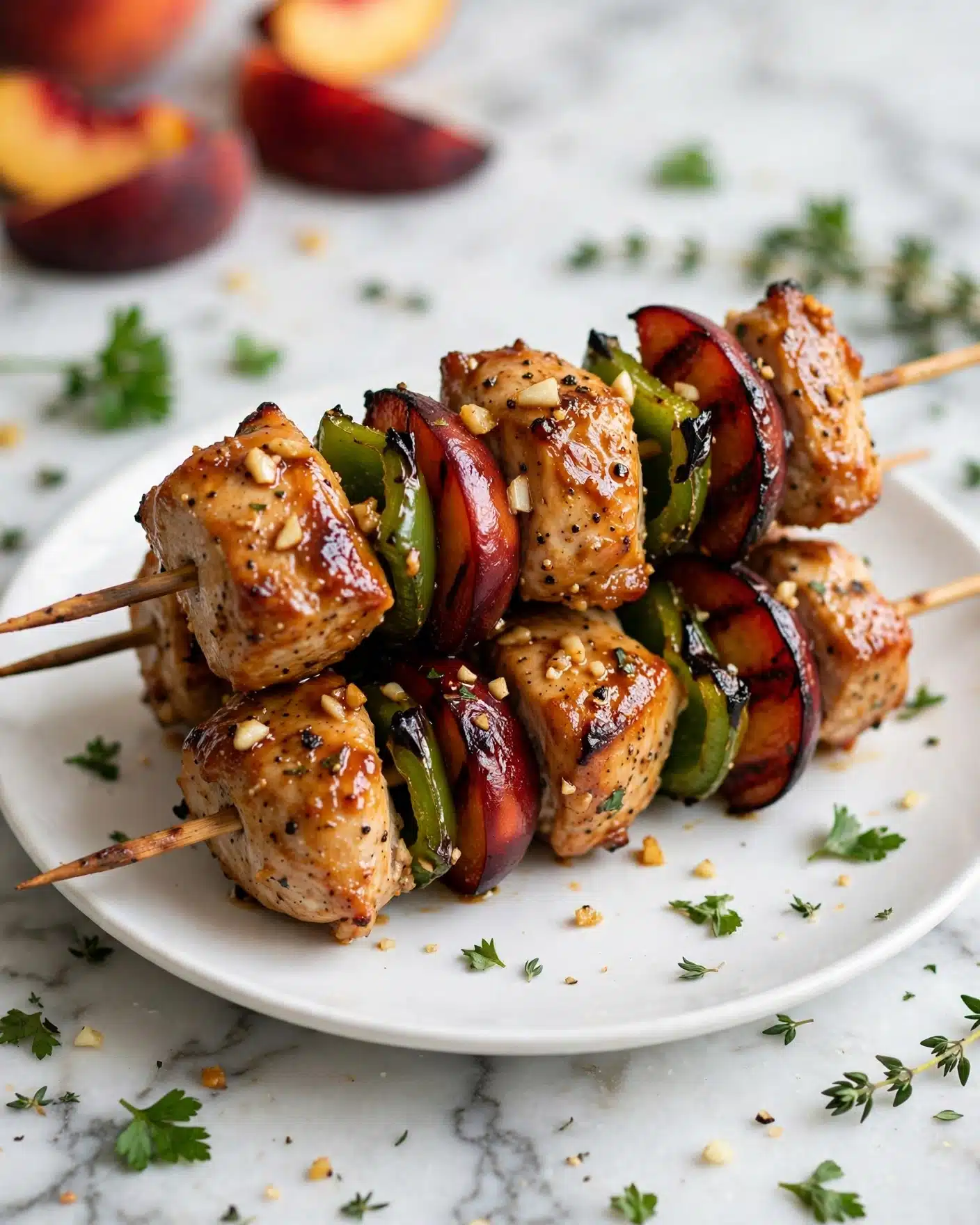 Jalapeno Peach Chicken Skewers Recipe 5 The image shows two skewers stacked on a white plate with juicy grilled chicken pieces that are golden-brown with slightly charred edges, alternating with bright green bell pepper chunks and dark red peach slices that have grill marks, creating a vibrant mix of colors and textures. The chicken looks glossy from a sticky glaze, and small pieces of garlic or seasoning are visible on the surface. The background features scattered green herbs and blurred peach wedges sitting on a white marbled surface. Photo taken with an iphone --ar 4:5 --v 7