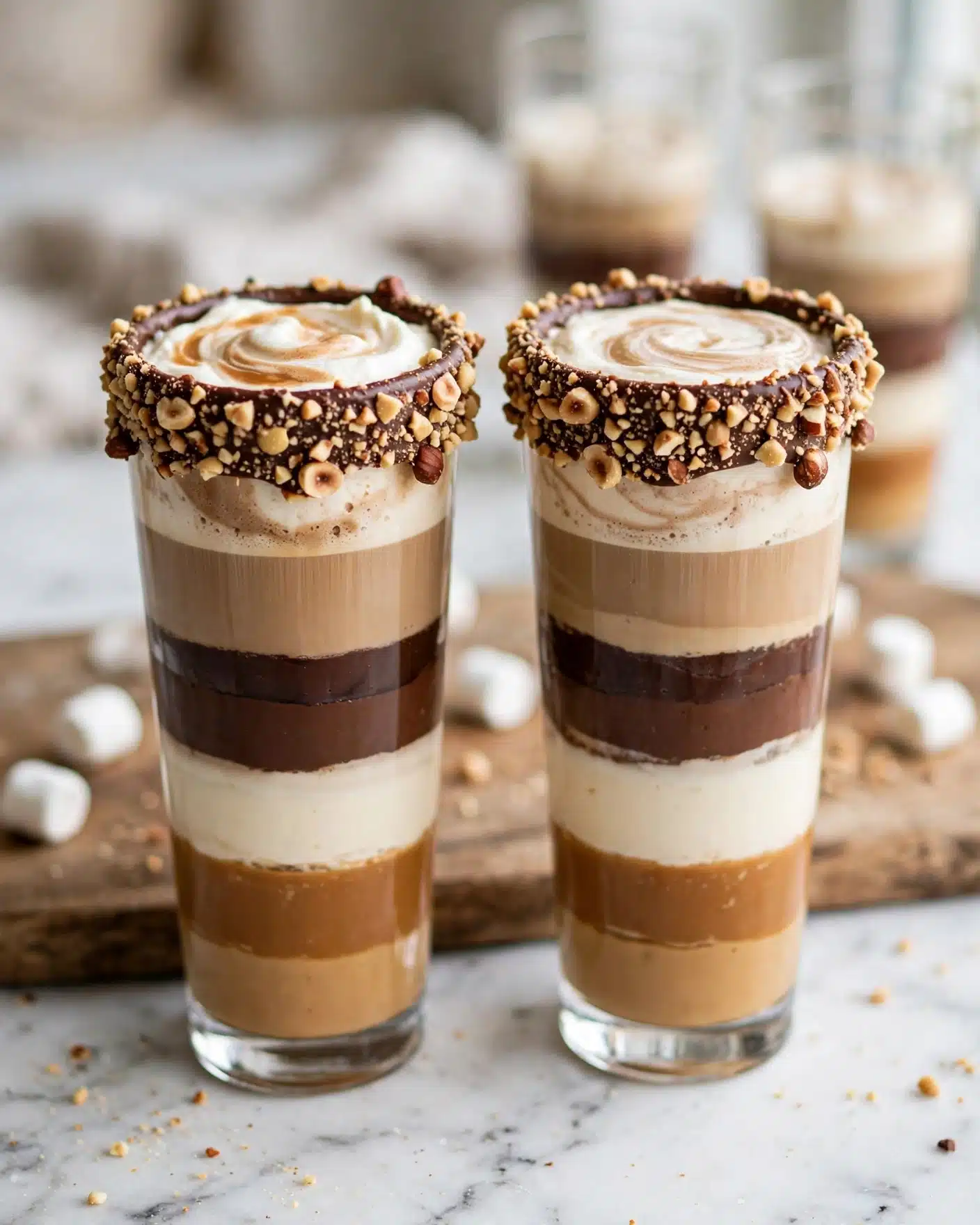 Starbucks Copycat S’mores Frappuccino Recipe 5 Two tall clear glasses sit on a white marbled surface, each glass showing five visible layers. The bottom layer is light caramel, the second layer is creamy off-white, the third layer is a thick rich dark chocolate, the fourth layer is a light tan coffee color, and the top layer is frothy light cream with swirls of light brown. The rim of each glass is dipped in thick, smooth dark chocolate and coated with crushed nuts, creating a textured brown edge. The glasses are placed on a wooden board with two blurred glasses and some small white marshmallows in the background. Photo taken with an iphone --ar 4:5 --v 7