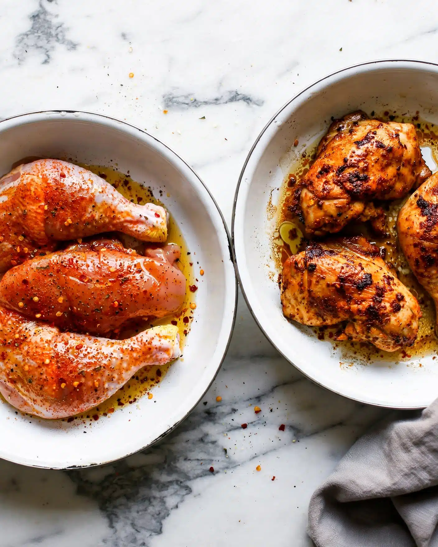 The image shows two white enamel pans on a white marbled surface. The left pan holds three raw chicken pieces arranged in a single layer, each coated with a red-orange spice mix and specks of black pepper, with some oil pooling around them. The right pan contains the same three chicken pieces, now cooked to a golden brown with darker char marks and spicy seasoning, sitting in a shallow pool of oily juices. A grey cloth is partially visible at the bottom right corner next to the cooked chicken pan. Photo taken with an iphone --ar 4:5 --v 7