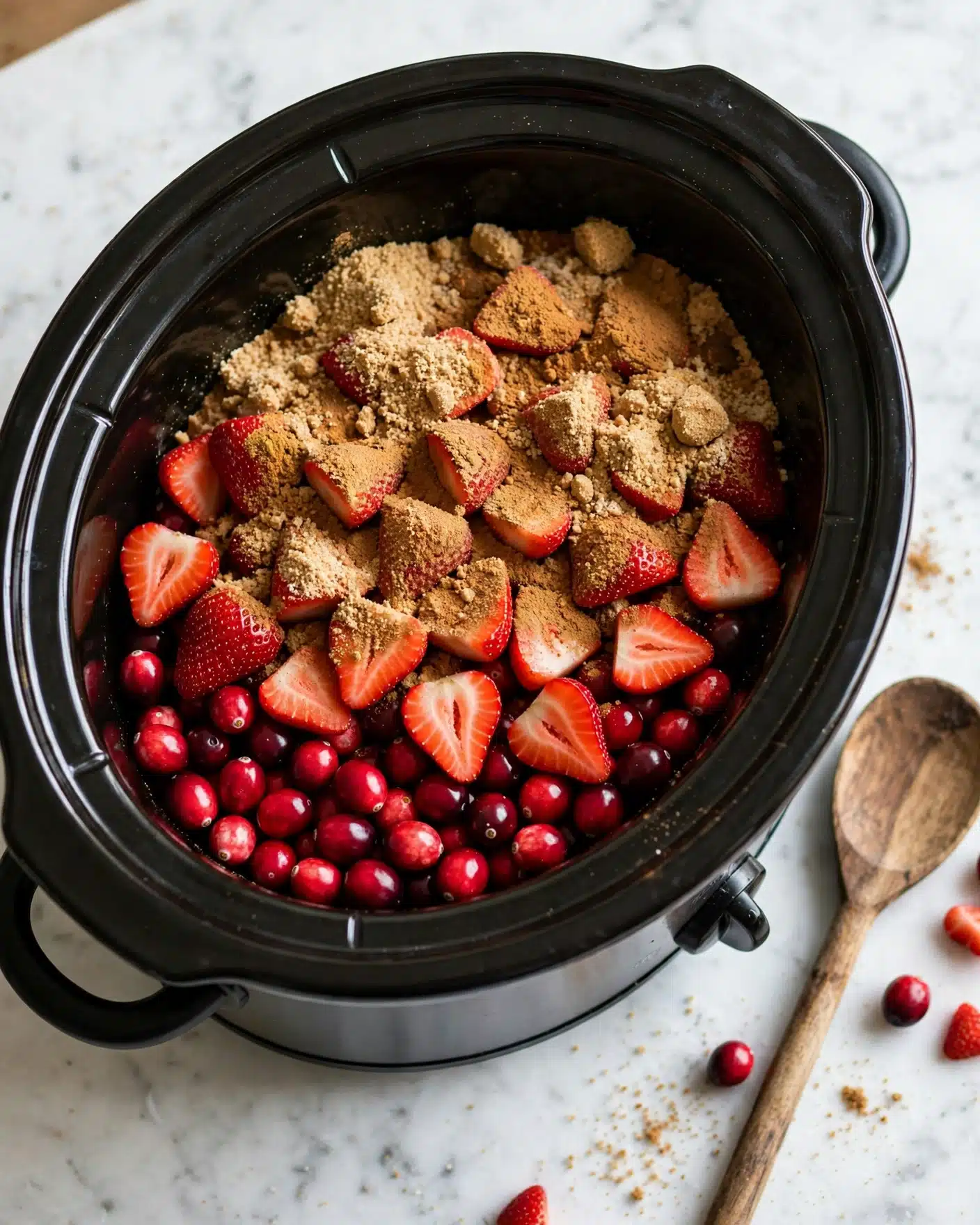 Festive Cranberry-Strawberry Christmas Jam Recipe 4 Inside a black slow cooker, there are three layers visible: the bottom layer is a mix of whole red cranberries filling most of the pot, the middle layer consists of bright red halved strawberries scattered over the cranberries, and the top layer has piles of light brown sugar and spice powders lightly covering some strawberries and cranberries, adding a grainy texture. A wooden spoon rests beside the pot on a white marbled surface. Photo taken with an iphone --ar 4:5 --v 7
