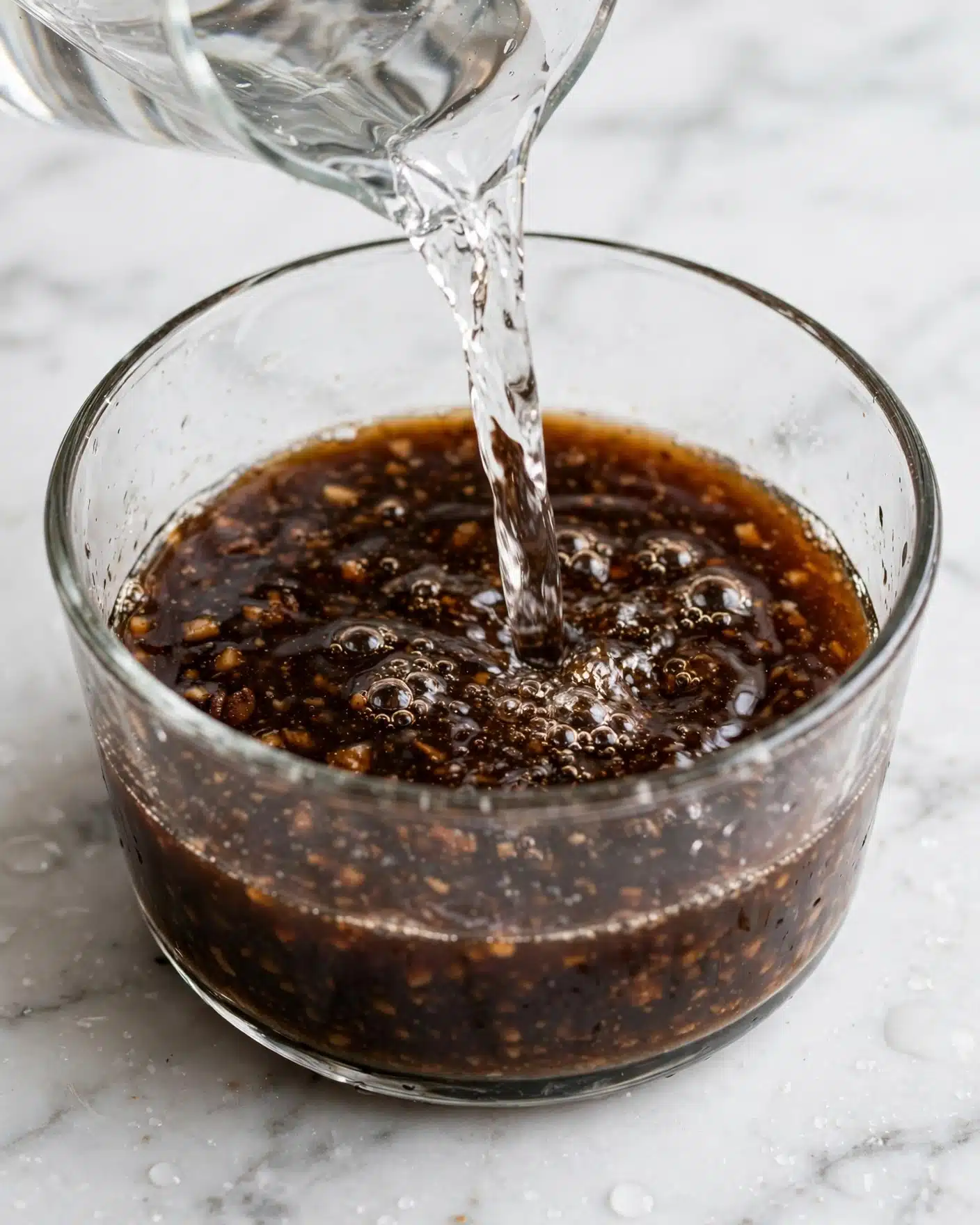 A clear glass bowl sits on a white marbled surface, filled with a dark brown sauce that has small lighter brown bits floating in it. Water is pouring from a clear container into the bowl, causing ripples and bubbles on the sauce's surface. The shot focuses closely on the bowl and the pouring liquid, showing the clear glass texture and reflections well. Photo taken with an iphone --ar 4:5 --v 7