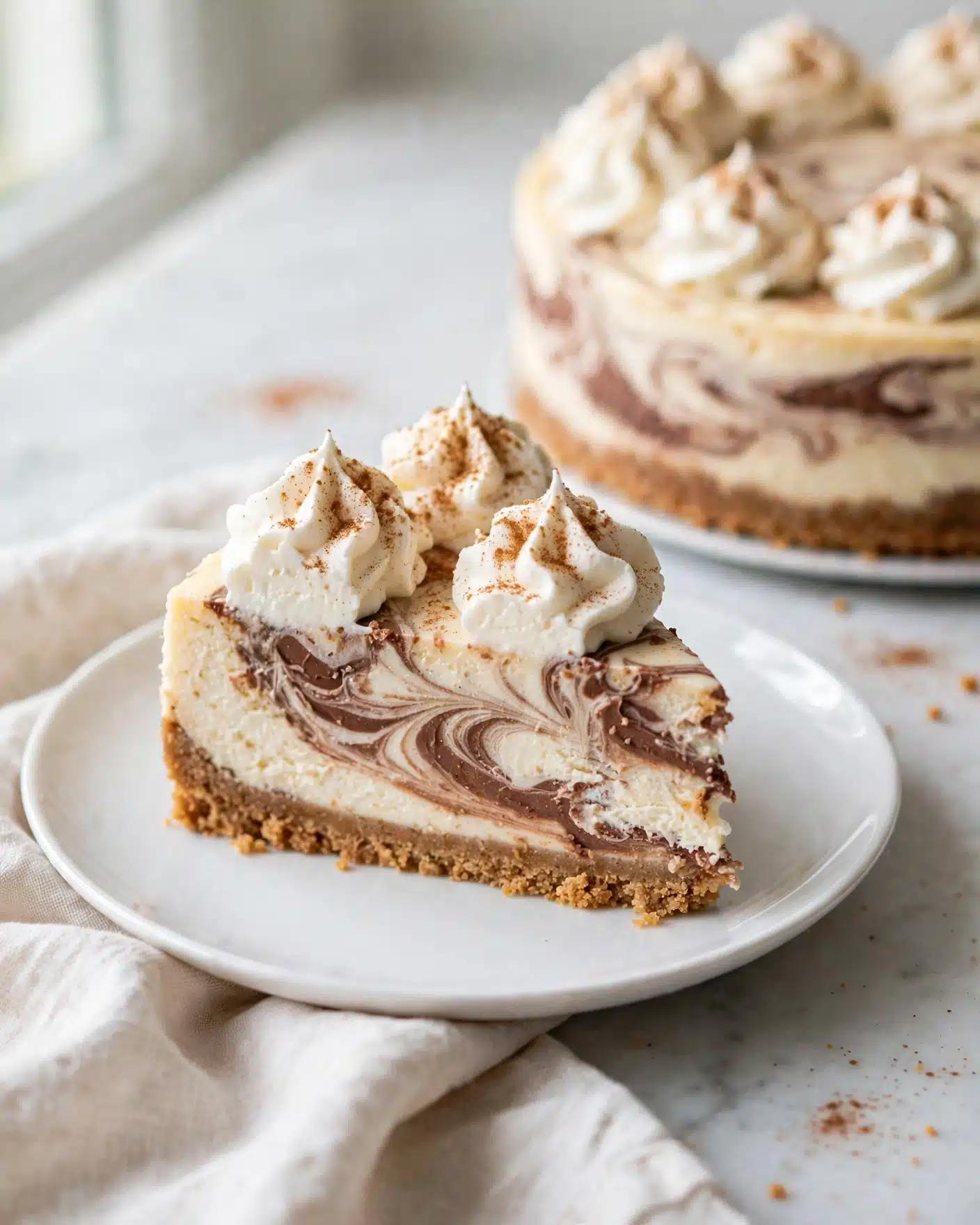Cinnamon Roll Cheesecake Recipe 5 A slice of layered cheesecake sits on a white plate over a white marbled surface with a cloth under the plate. The cheesecake has three main layers: a brown crumbly base, a creamy off-white middle layer mixed with swirls of dark brown chocolate, and thick white cream piped in four dollops on top, lightly dusted with a sprinkle of brown cinnamon powder. In the background, the rest of the cheesecake is visible, showing the same layers and top decoration. Photo taken with an iphone --ar 4:5 --v 7