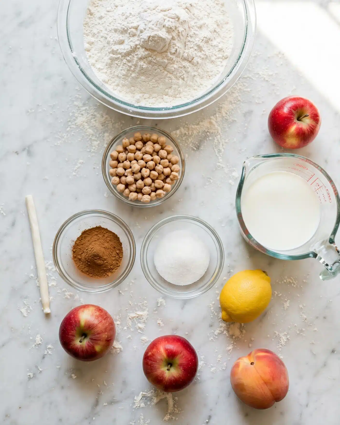 Caramel Apple Bread Recipe 4 A top view of several clear glass bowls and whole fruits arranged on a white marbled surface: one large bowl filled with white flour at the top center, a smaller bowl below it with round beige chickpeas, two small bowls containing light brown powder and white sugar roughly centered, and a clear measuring cup with white liquid on the right side; whole fruits including three red apples and one peach are scattered around, along with a whole lemon near the middle right and a white stick-shaped object on the left. The scene is bright with soft natural light, showing simple textures of food ingredients photo taken with an iphone --ar 4:5 --v 7