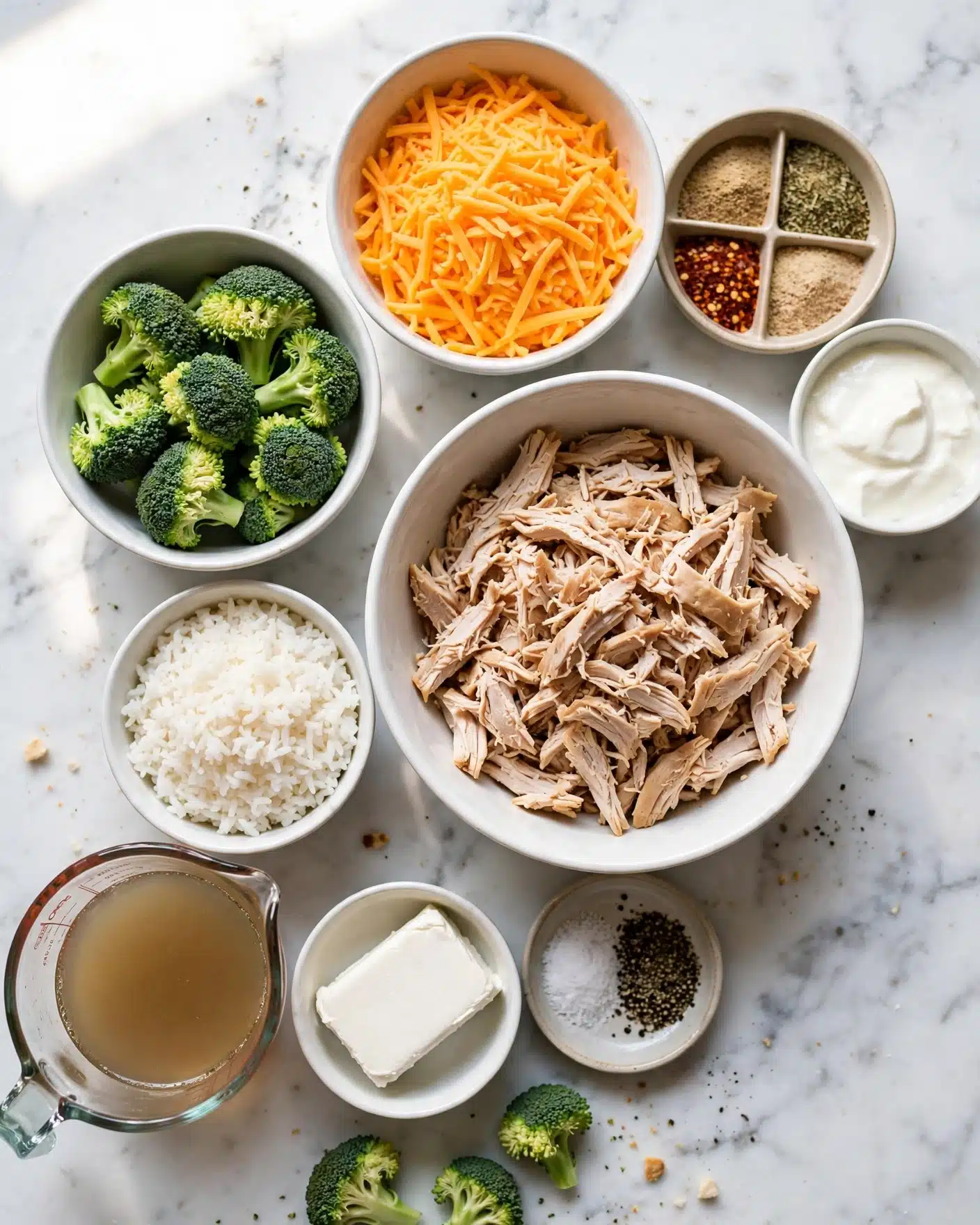 A top view shows several white bowls and a glass measuring cup on a white marbled surface arranged neatly with cooking ingredients. The largest white bowl is filled with light brown shredded chicken pieces. To the left, a slightly smaller white bowl is full of bright green broccoli florets. Above the chicken bowl, a white bowl contains bright orange shredded cheddar cheese. Next to the cheese, a small beige bowl holds four sections of dry spices in pale brown, green, and red colors. On the right side near the cheese, there is a small white bowl with white creamy yogurt. Below to the left, a white bowl is filled with plain white rice. A glass measuring cup contains light brown chicken broth at the bottom left. Below the broth, there is a small bowl with a solid white block of cream cheese, and next to it, a small shallow dish holds white salt and dark black pepper. photo taken with an iphone --ar 4:5 --v 7