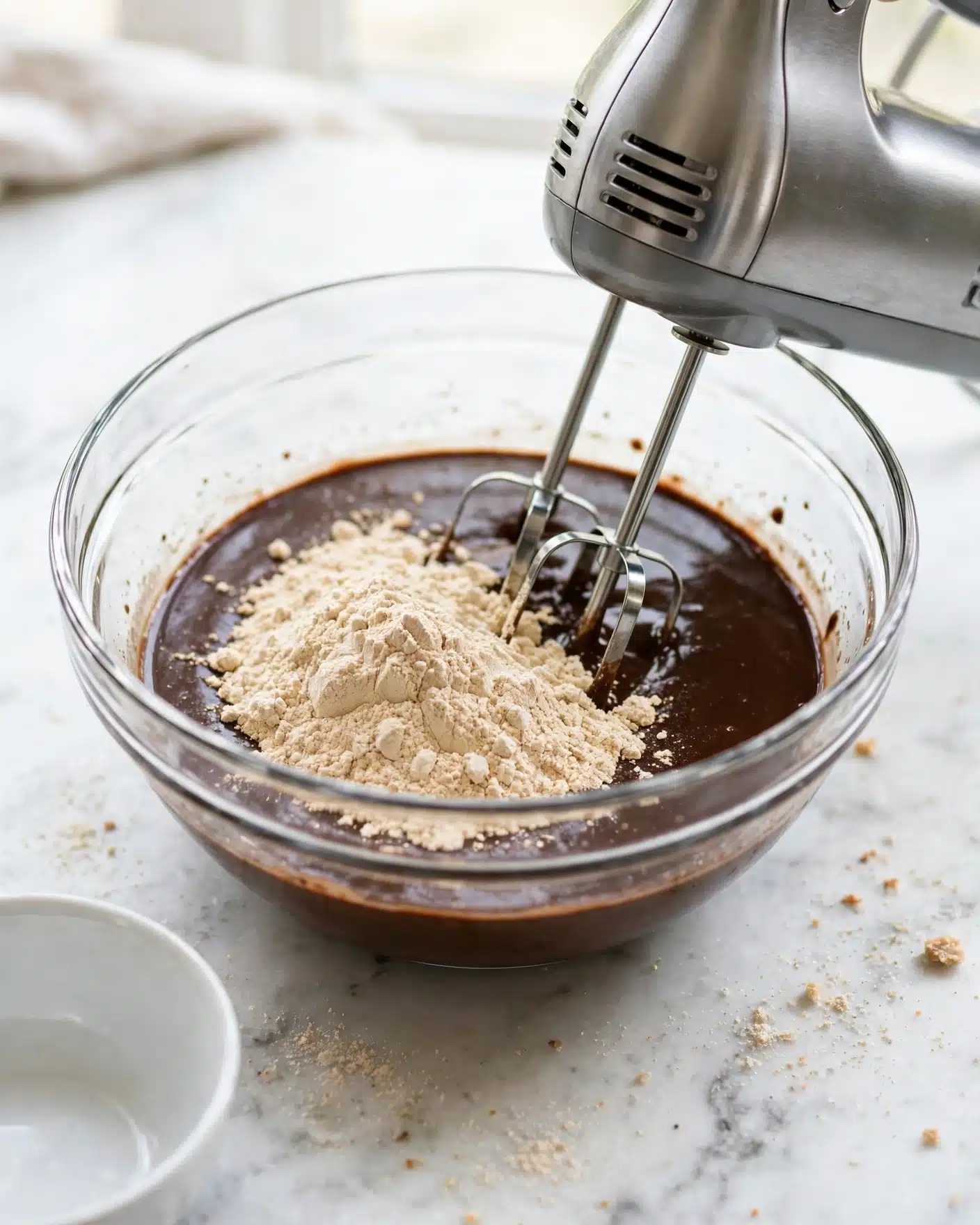 Gingerbread Cupcakes with Cream Cheese Frosting Recipe 4 A clear glass bowl sits on a white marbled surface, filled halfway with a dark brown liquid. On top, there is a heap of light beige powder waiting to be mixed in. Two metal beaters attached to a silver electric hand mixer are partially submerged into the mixture, ready to blend the ingredients. Below the bowl, there is a small white bowl visible in the corner. The scene is bright and clean, focusing on the mixing process photo taken with an iphone --ar 4:5 --v 7