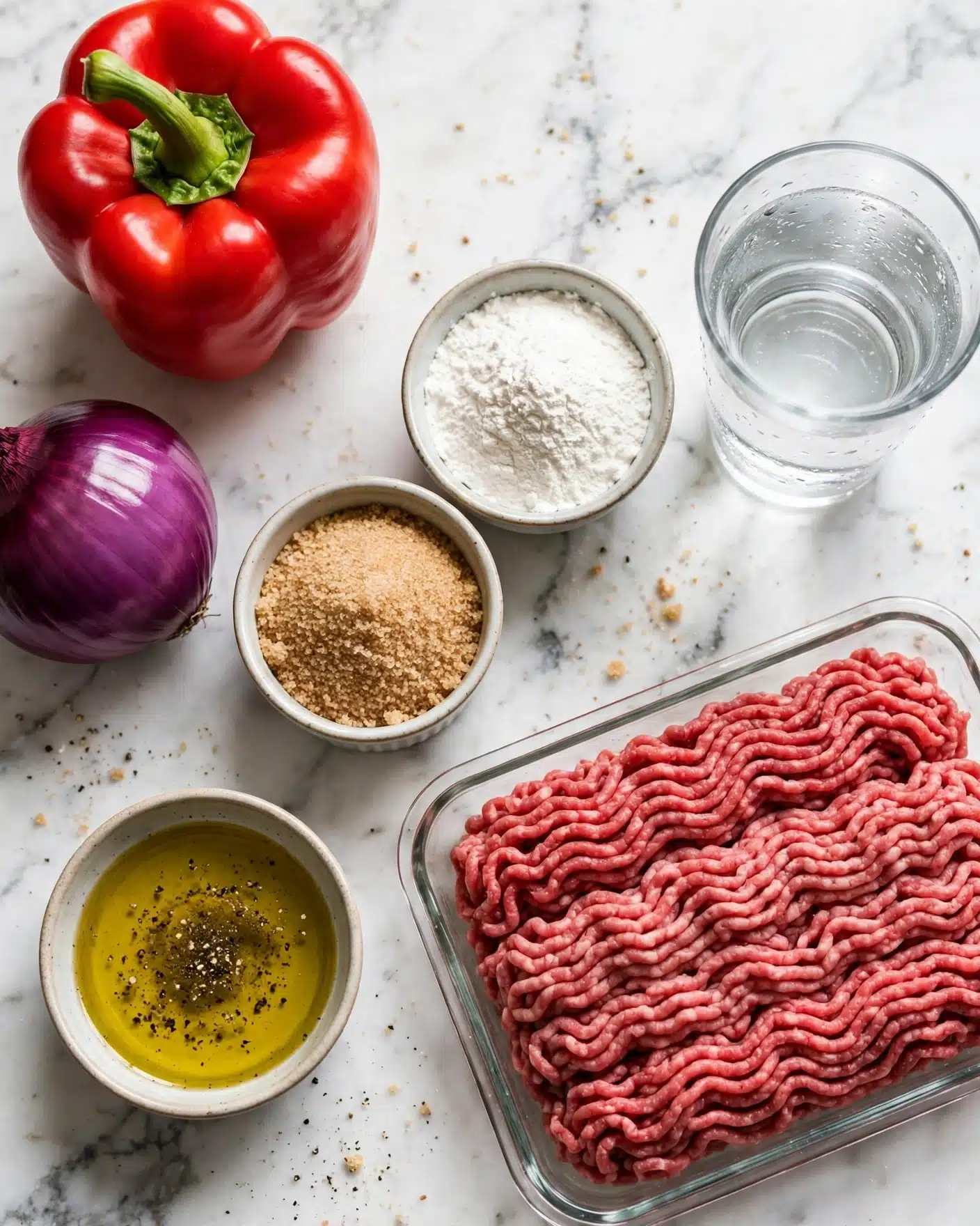 Healthy Ground Turkey Tacos Recipe 4 The image shows fresh cooking ingredients arranged on a white marbled surface. In the top left corner, there is a large bright red bell pepper with a green stem. Below it, there is a whole purple onion with shiny skin. Near the center, there are two small bowls: one filled with light brown sugar and the other with white powder. To the right of these, there is a clear glass of water. On the bottom right, a clear glass tray holds a thick layer of raw ground meat with a wavy texture on top. At the bottom left corner, there is another small bowl with yellow oil speckled with black pepper. photo taken with an iphone --ar 4:5 --v 7