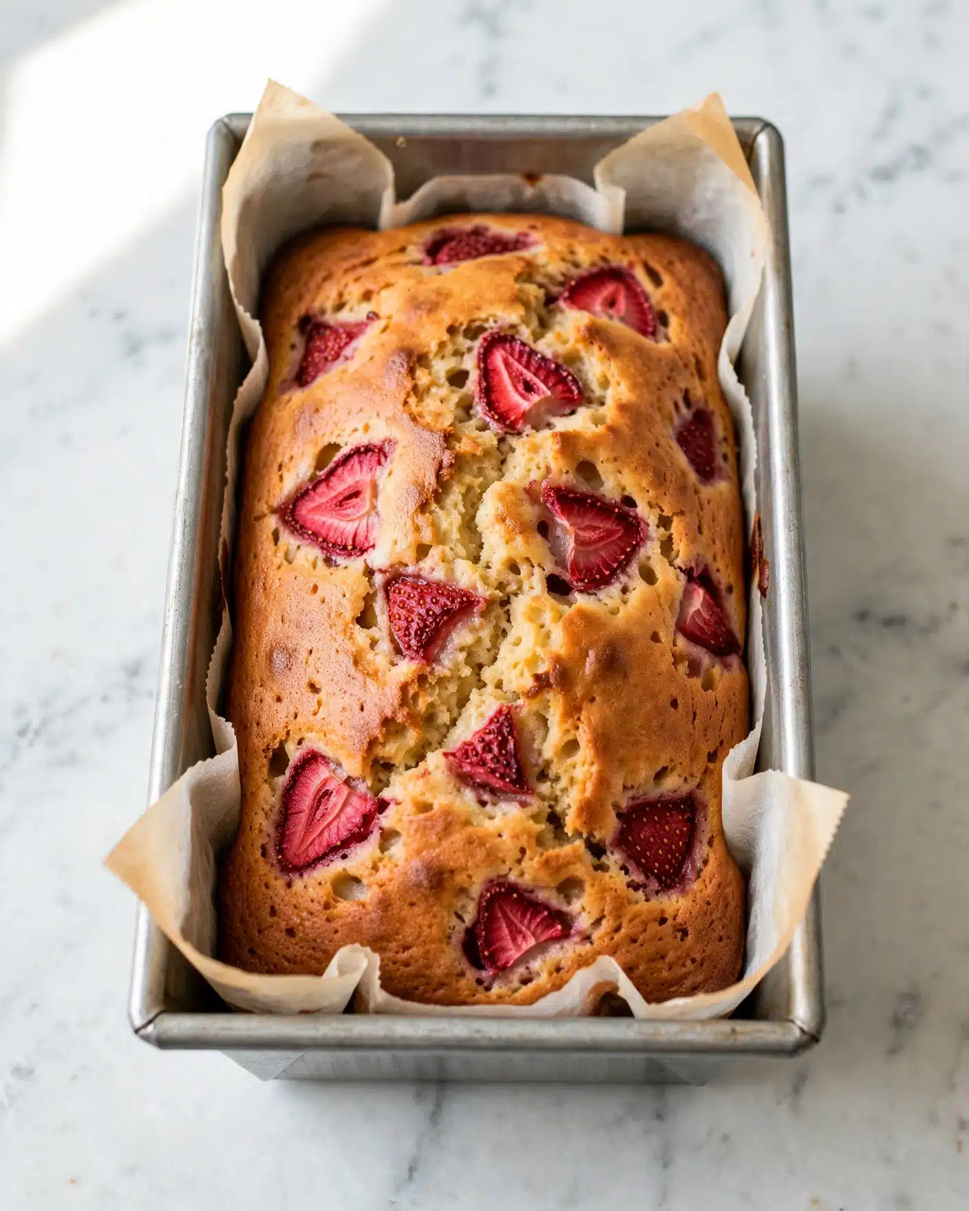 Strawberry Banana Bread Recipe 5 A loaf cake with a golden brown top sits in a metal loaf pan lined with parchment paper. The cake is studded with red strawberry slices embedded on the surface, showing a moist texture with small air pockets. The pan rests on a white marbled surface. photo taken with an iphone --ar 4:5 --v 7