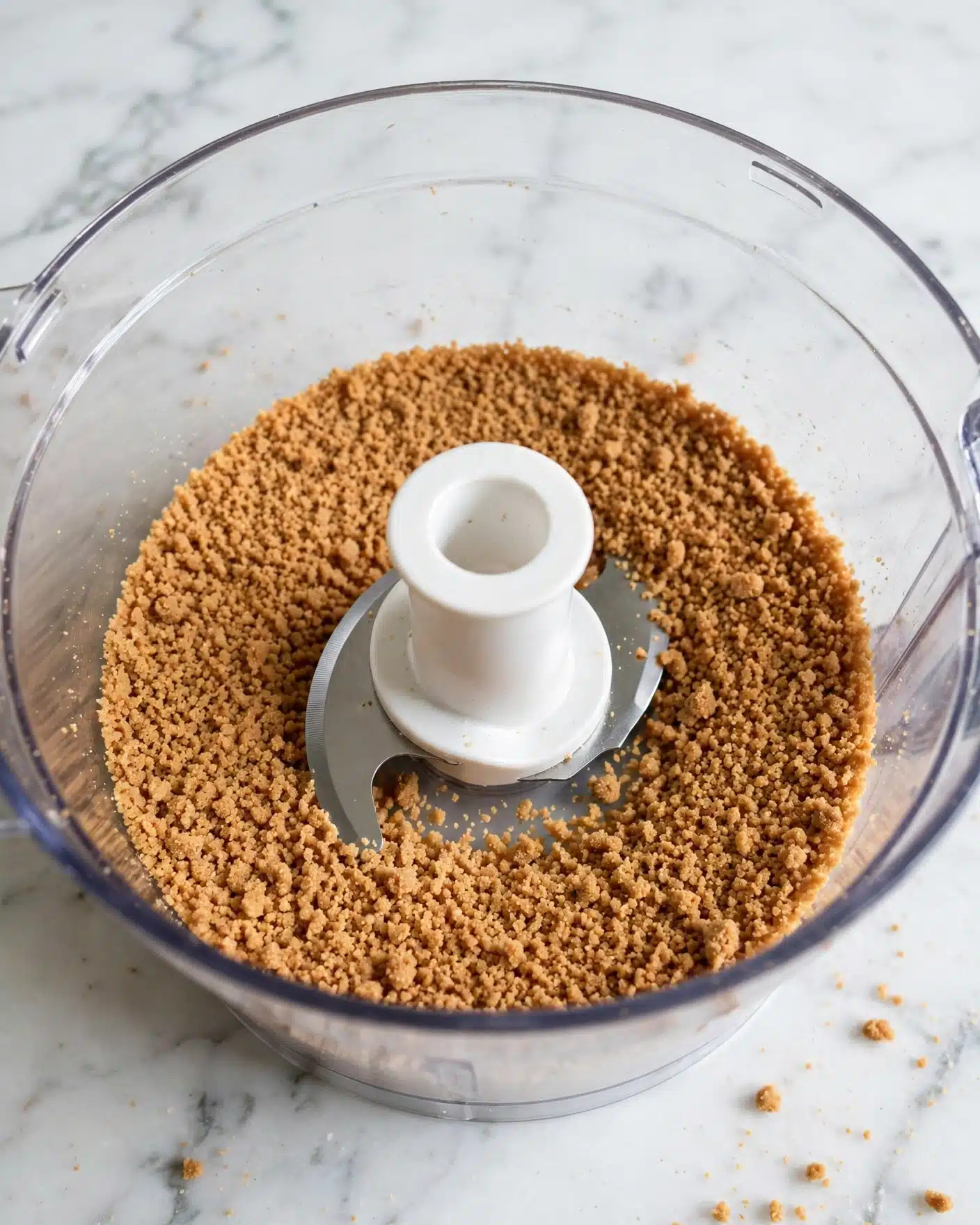 Easy Mini S'mores Pies Recipe 4 Inside a clear food processor bowl with a white marbled surface in the background, there is a single layer of finely crushed brown crumbs spread evenly around the central white plastic blade assembly. The crumbs are light to medium brown in color and have a grainy, sandy texture. The blade is shiny metal at the bottom, partially covered by the white plastic part, positioned in the center of the bowl. Photo taken with an iphone --ar 4:5 --v 7