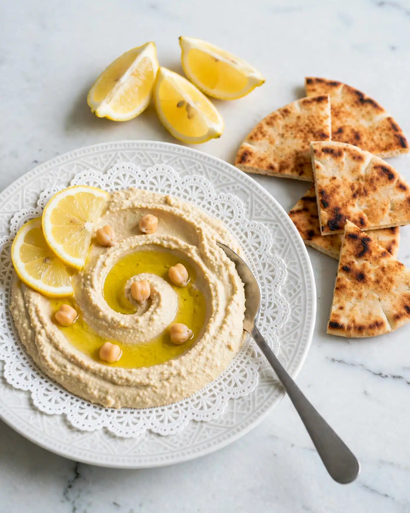 Lemony Artichoke Hummus Recipe 5 A white patterned plate holds a creamy pale beige hummus spread thickly in one main layer, with a small swirl pattern in the center filled with golden olive oil. On top, there are a few whole light tan chickpeas scattered and two thin bright yellow lemon slices placed near the left side. A silver spoon rests partially on the plate, its handle extending towards the bottom right. Behind the plate on the white marbled surface, there are three lemon wedges showing their juicy, vibrant yellow insides. To the right of the plate, four triangular pieces of toasted pita bread with a golden brown charred texture sit casually on the white marbled surface. Photo taken with an iphone --ar 4:5 --v 7