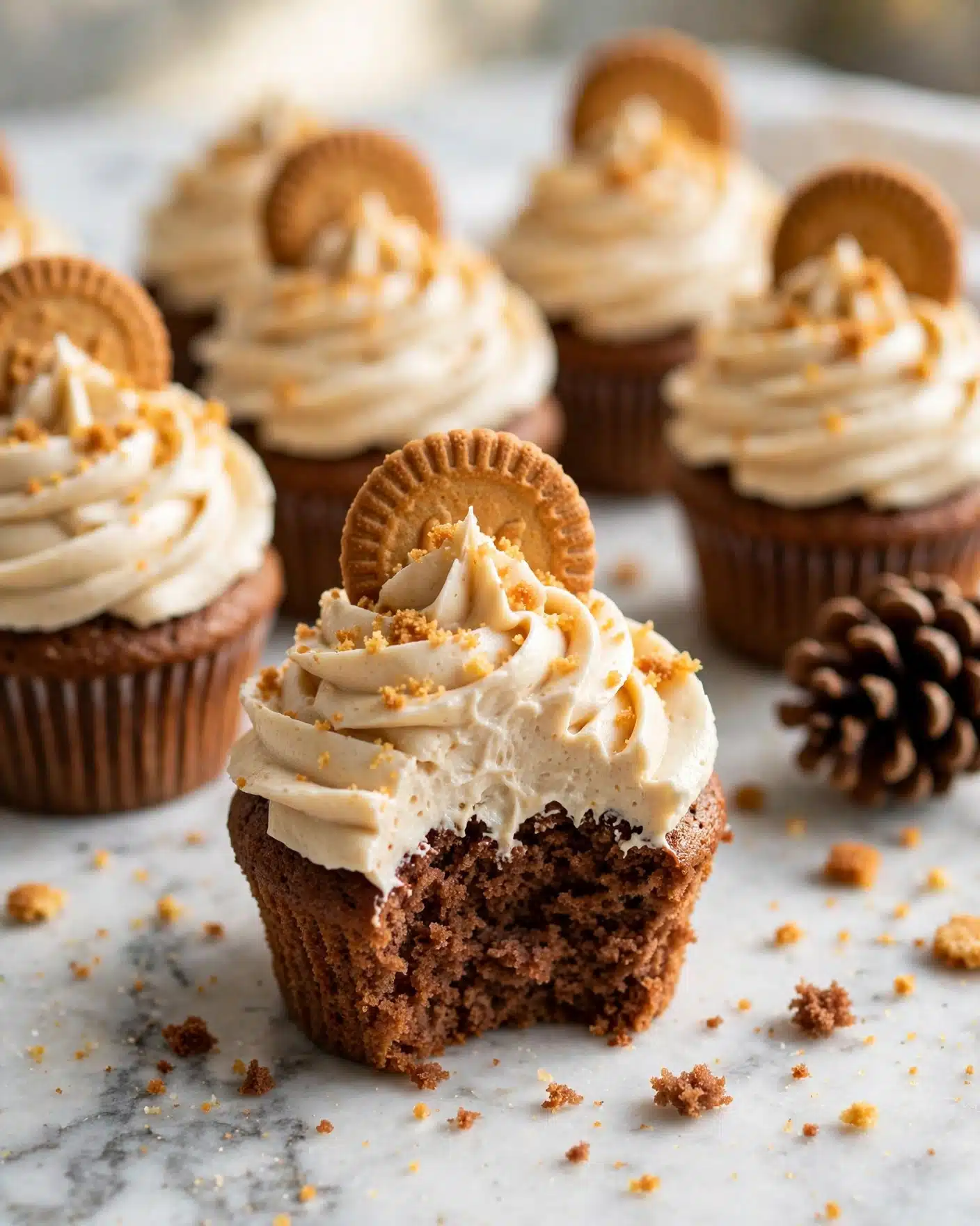 Gingerbread Cupcakes with Cream Cheese Frosting Recipe 5 The image shows a close-up of a group of cupcakes on a white marbled surface, with one cupcake in the front unwrapped and partially eaten, revealing a moist, brown cake layer inside. Each cupcake has a thick swirl of light beige frosting with a smooth, creamy texture, and a round biscuit placed upright at the back of the frosting. The frosting is sprinkled with golden crumbs, adding texture and color contrast. In the background, more cupcakes are arranged closely, slightly out of focus, all with similar frosting and biscuit toppings. Nearby, there is a pine cone and scattered biscuit crumbs, enhancing the cozy feel of the scene. Photo taken with an iphone --ar 4:5 --v 7