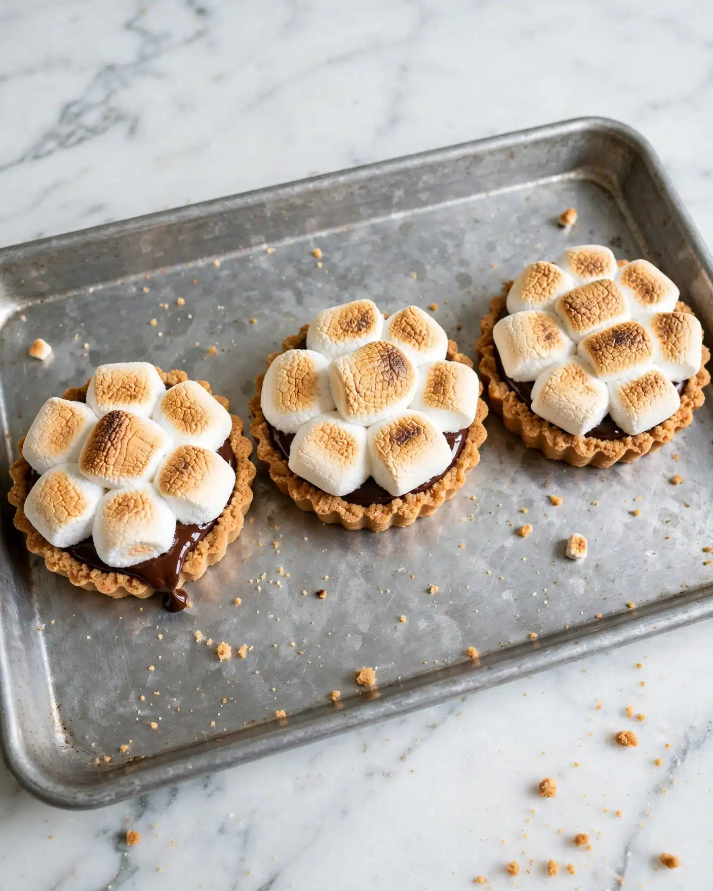 Easy Mini S'mores Pies Recipe 5 Three small round tarts with scalloped edges sit on a metal baking sheet. Each tart has three visible layers: a crumbly golden brown crust at the bottom, a rich dark chocolate filling in the middle peeking out slightly on one tart, and a top layer of large toasted marshmallows that are white with light golden brown spots, puffed up and soft. The baking sheet is placed on a white marbled surface. photo taken with an iphone --ar 4:5 --v 7