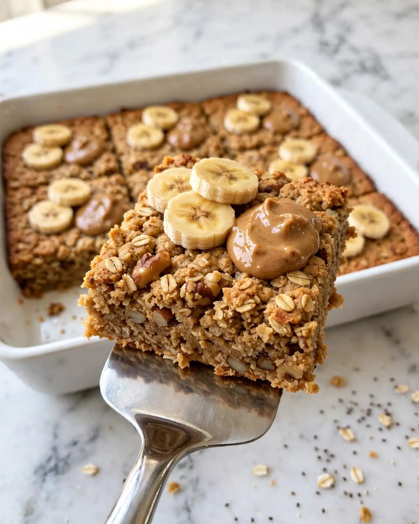 Easy Banana Baked Oatmeal Recipe 5 A square piece of baked oatmeal bar held by a shiny metal spatula, showing a rough texture with visible oats and nuts. The top layer has three round banana slices and a dollop of smooth nut butter on one side, adding light yellow and creamy brown colors against the golden brown bar. Behind the bar is a white baking dish filled with more oatmeal bars topped with banana slices, all placed on a white marbled surface. photo taken with an iphone --ar 4:5 --v 7